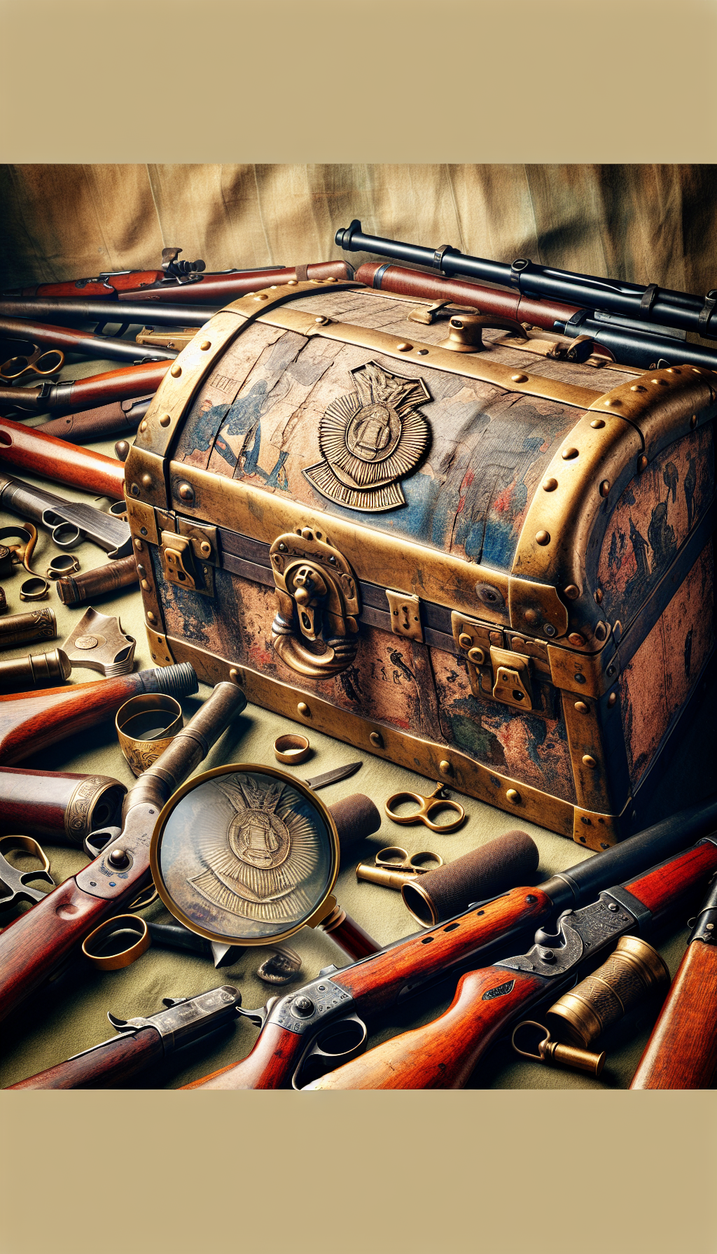 An ancient, brass-trimmed military trunk sits ajar amidst a collection of period-authentic armaments. Its weathered surface bears the scars of countless battles, while a magnifying glass hovers above, inspecting its unique patina and etched battalion insignia. The contrasting backdrop oscillates between delicate watercolor tones and sharp, penciled sketches, symbolizing the interplay of historical authenticity and the passage of time.