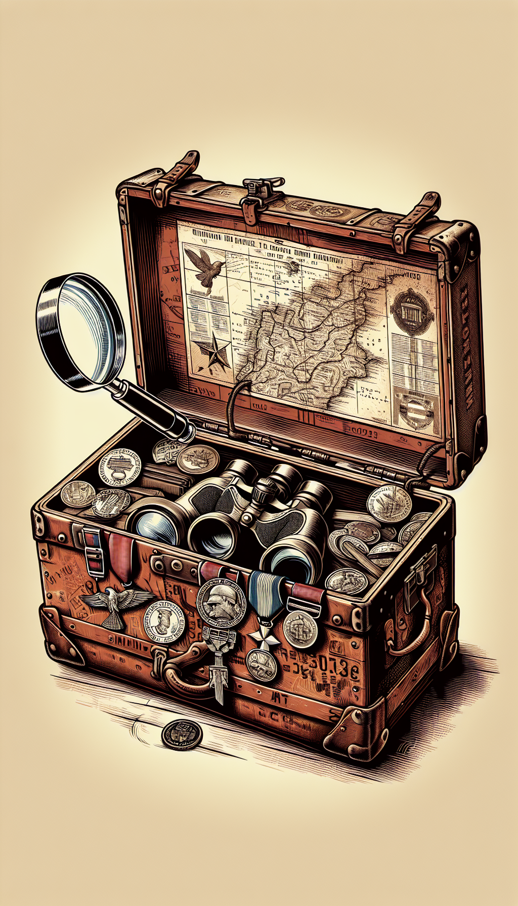 An intricately illustrated vintage military trunk, half open, with historical campaign memorabilia spilling out: faded maps, binoculars, medals, and a magnifying glass hovering above – highlighting identifiers like unit insignia and dates etched on the trunk. The scene, split in styles, transitions from sepia-toned realism on one side to stylized graphic outlines on the other, symbolizing the journey from past to collectible present.