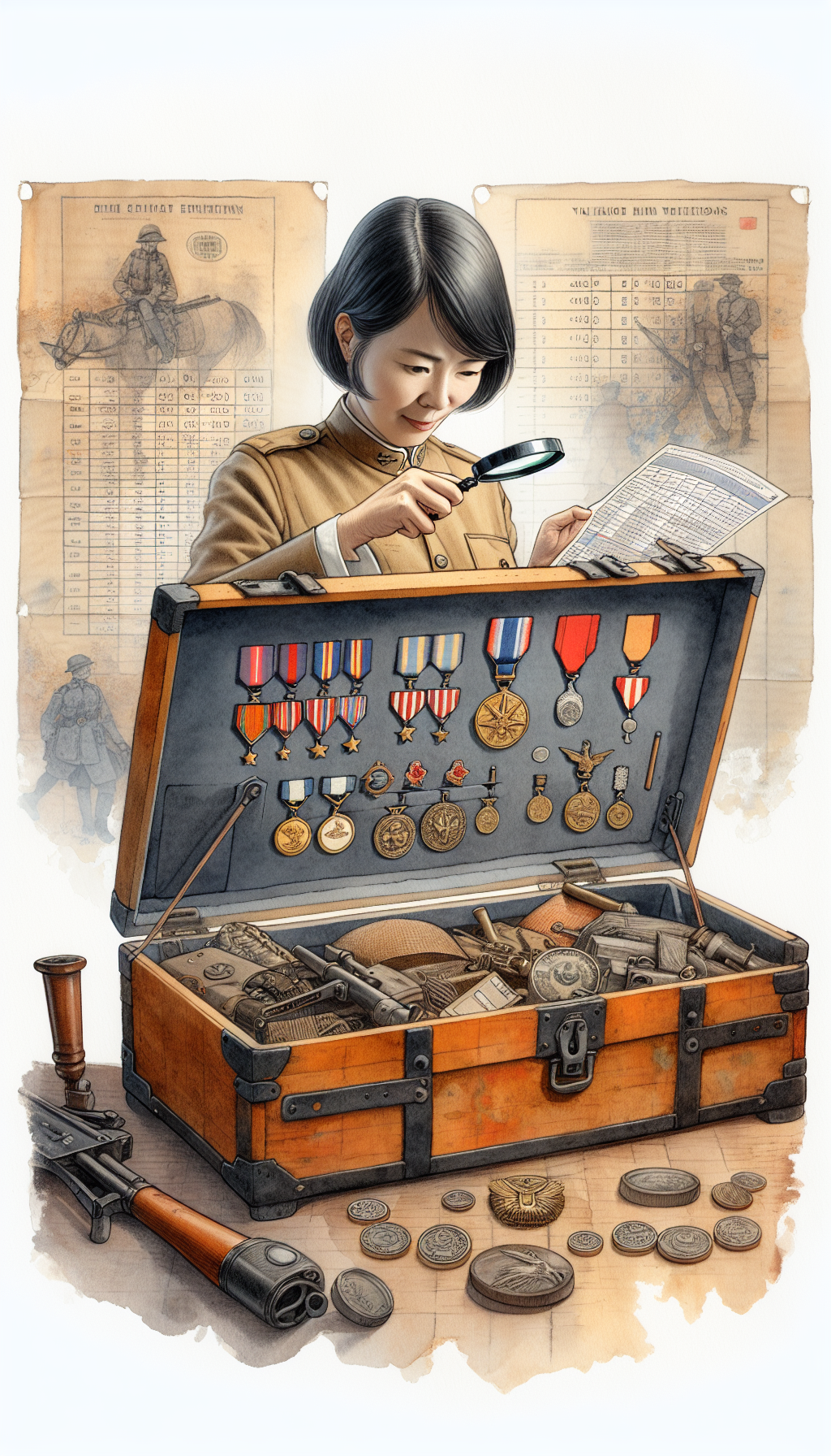 An illustration displays an expert appraiser examining an open, vintage military trunk filled with diverse antiques. A magnifying glass in hand reveals intricate details on medals, uniforms, and weapons, while a valuation chart hovers above. The trunk bears distinctive marks for identification against a backdrop of faded battle maps, blending watercolor textures with crisp ink lines for contrast.