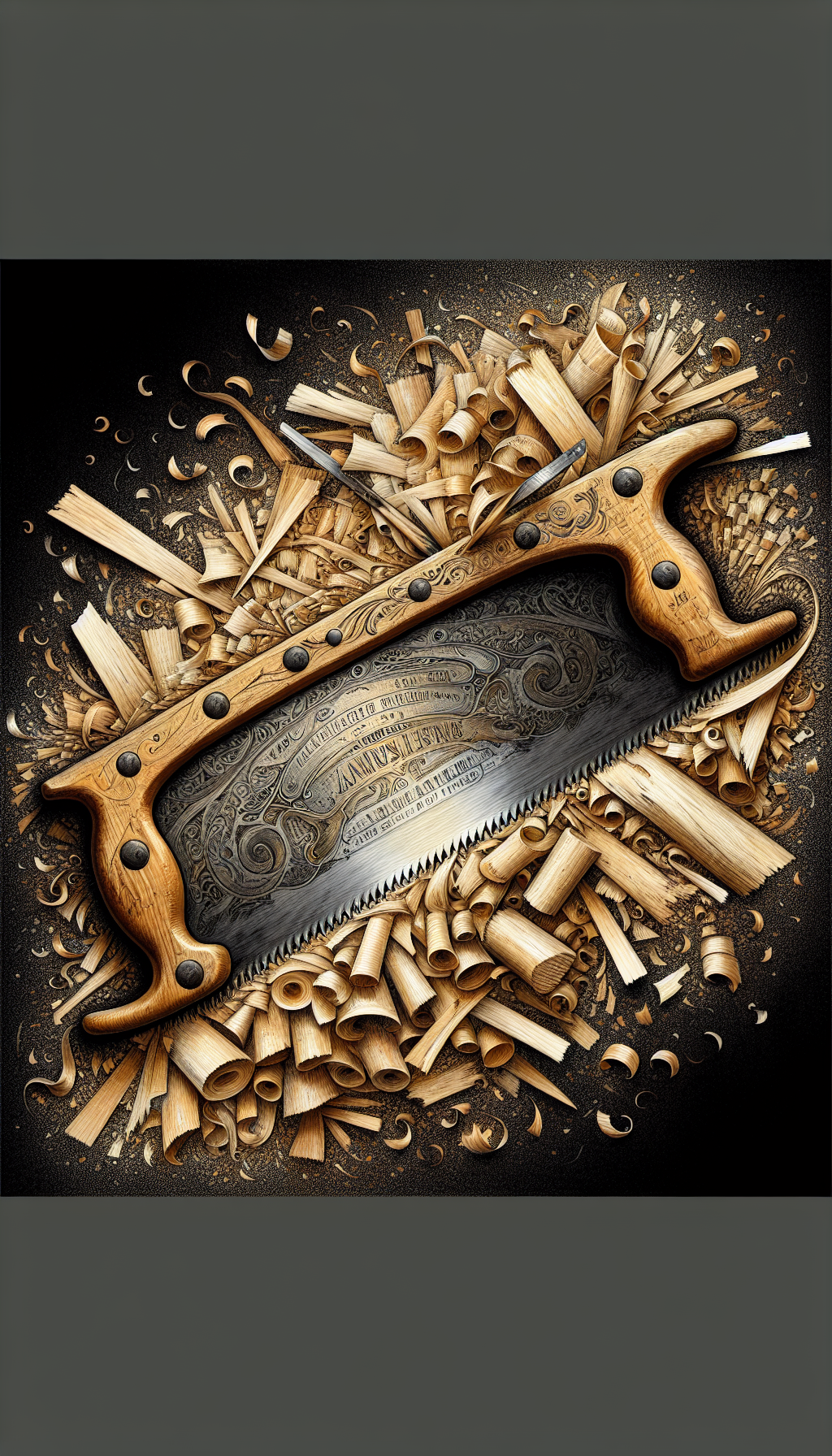 An intricate old crosscut saw blade, half-covered in shavings, reveals elegant engraved signatures amidst rust and patina. Diverse artistic styles—like photorealism for the saw, abstract shapes for the wood, and pointillism for the signatures—symbolize the unique flair of each maker's mark, illustrating the detective work involved in tracing the origins of antique tools.