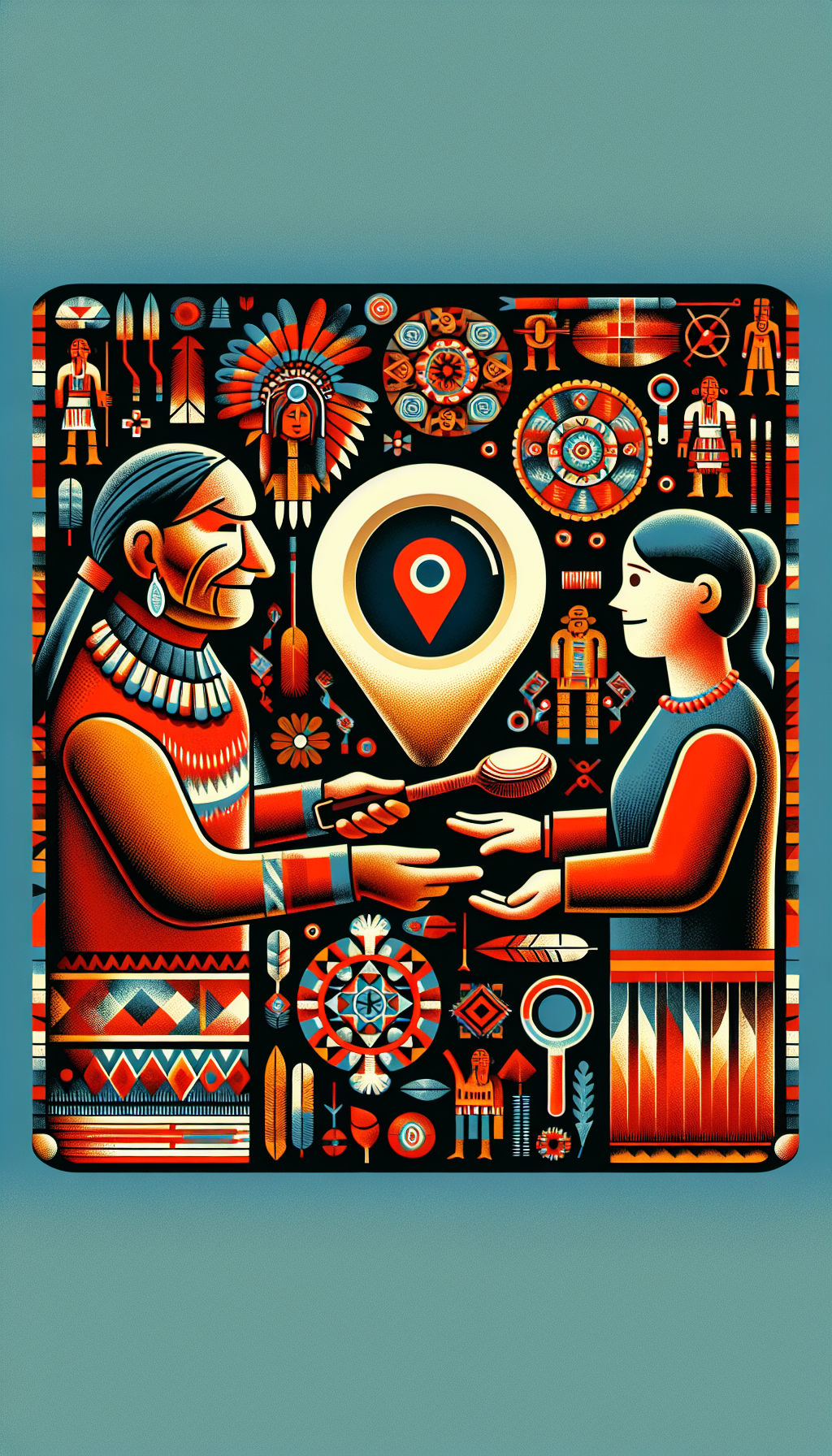An illustration portraying a Native American elder gently handing over an ancient artifact to a modern appraiser, with magnifying glasses hovering above showing vivid scenes of the artifact's past – warriors, ceremonies, and crafts; all embedded within the contours of the object, subtly incorporating a location pin symbolizing 'near me', melding timeless history with contemporary cultural appreciation.