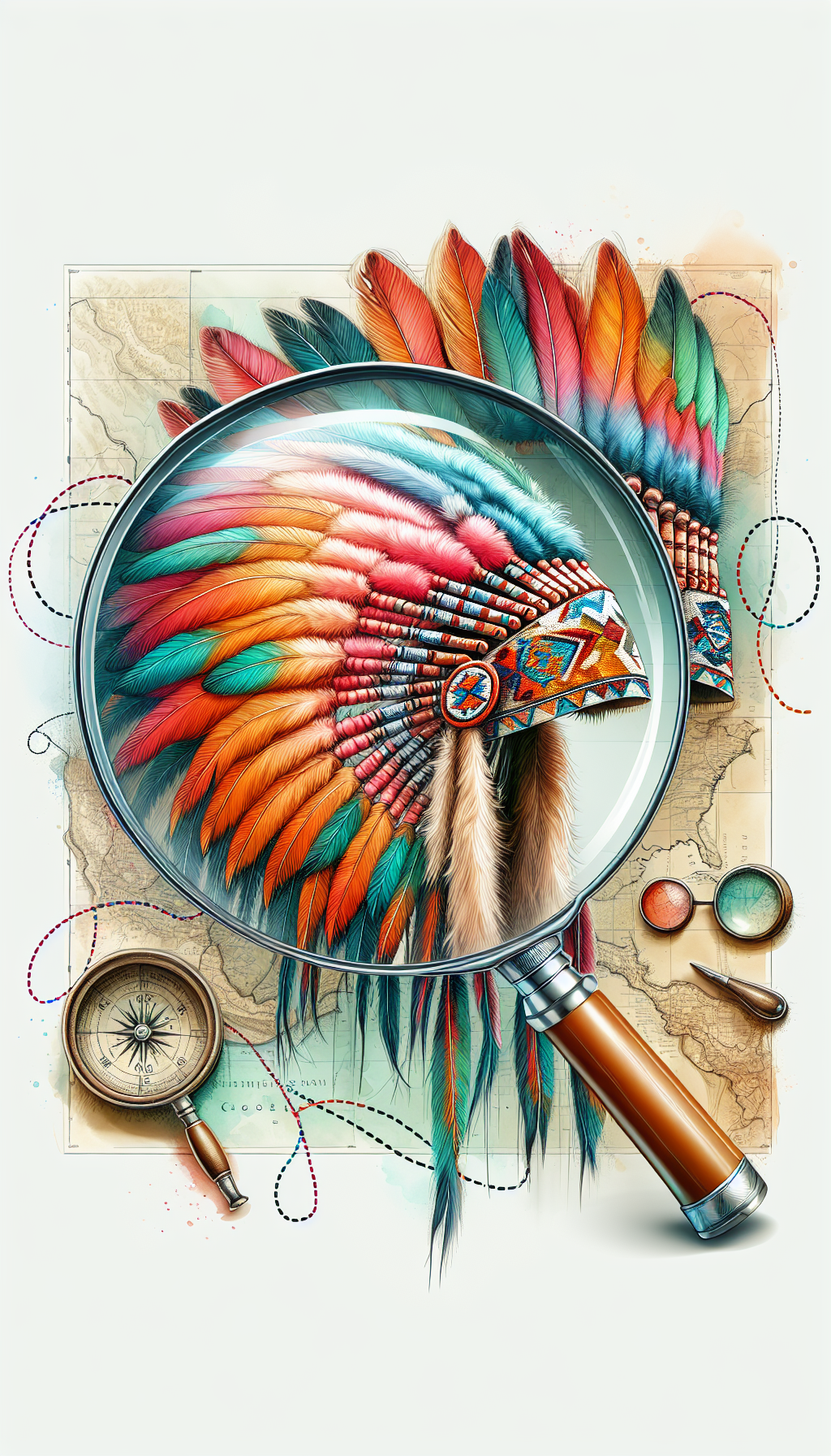 An illustration depicts a close-up of a magnifying glass revealing details on a vibrant Native American headdress, with subtle map icons and dotted lines leading to it, symbolizing the journey to a nearby appraisal. The image style is a blend of crisp realism for the headdress under the glass, and soft watercolor for the surrounding artifacts and map imagery.