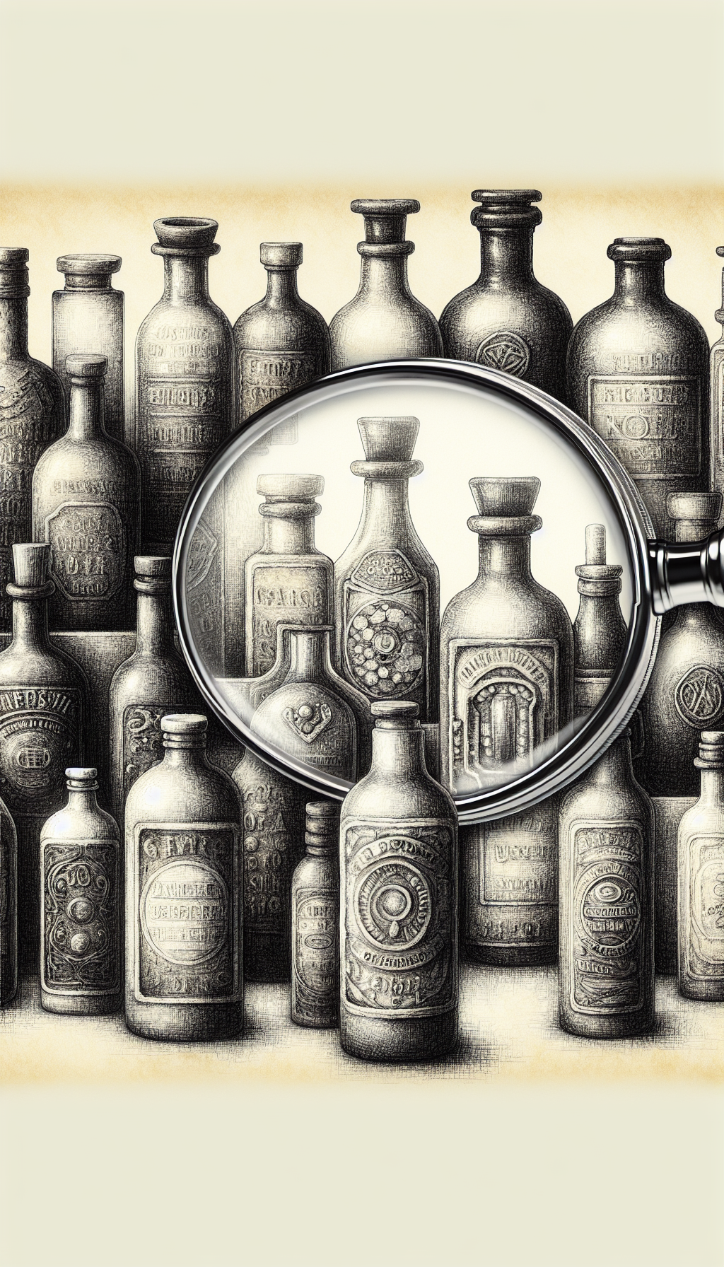 Beneath a magnifying glass, an eclectic mix of vintage bottles reveals intricate embossed letters and unique stamps; their textures and colors subtly transitioning between sketched, watercolor, and realistic styles. The magnifying glass focuses on the most prominent bottle, which glows with clarity, symbolizing the 'unearthed value' through the identification process.