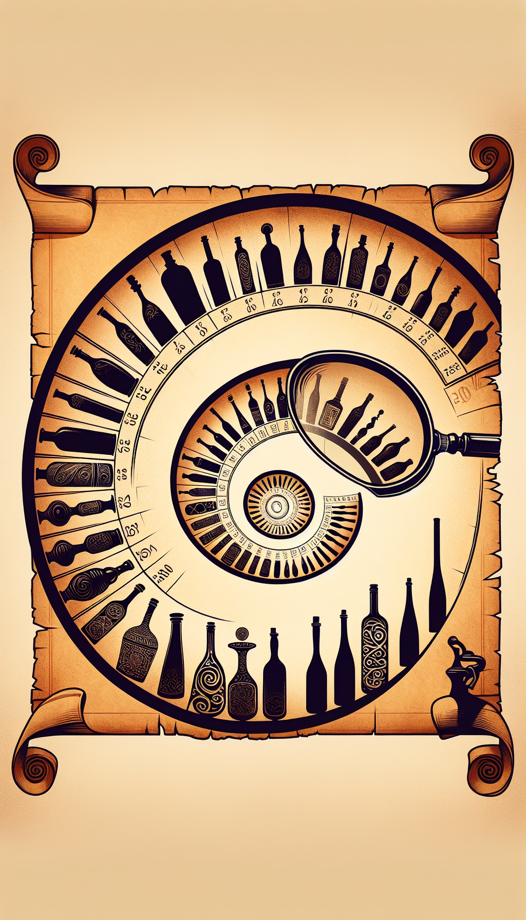 An illustration featuring a spiraling timeline unwinding from a scroll, marked with iconic bottle silhouettes from various historical periods. At the spiral's base, a magnifying glass hovers, highlighting pictograms and dates, subtly suggesting the process of old bottle identification. The styles of the bottles vary from detailed etchings for ancient periods to sleek digital lines for modern designs.