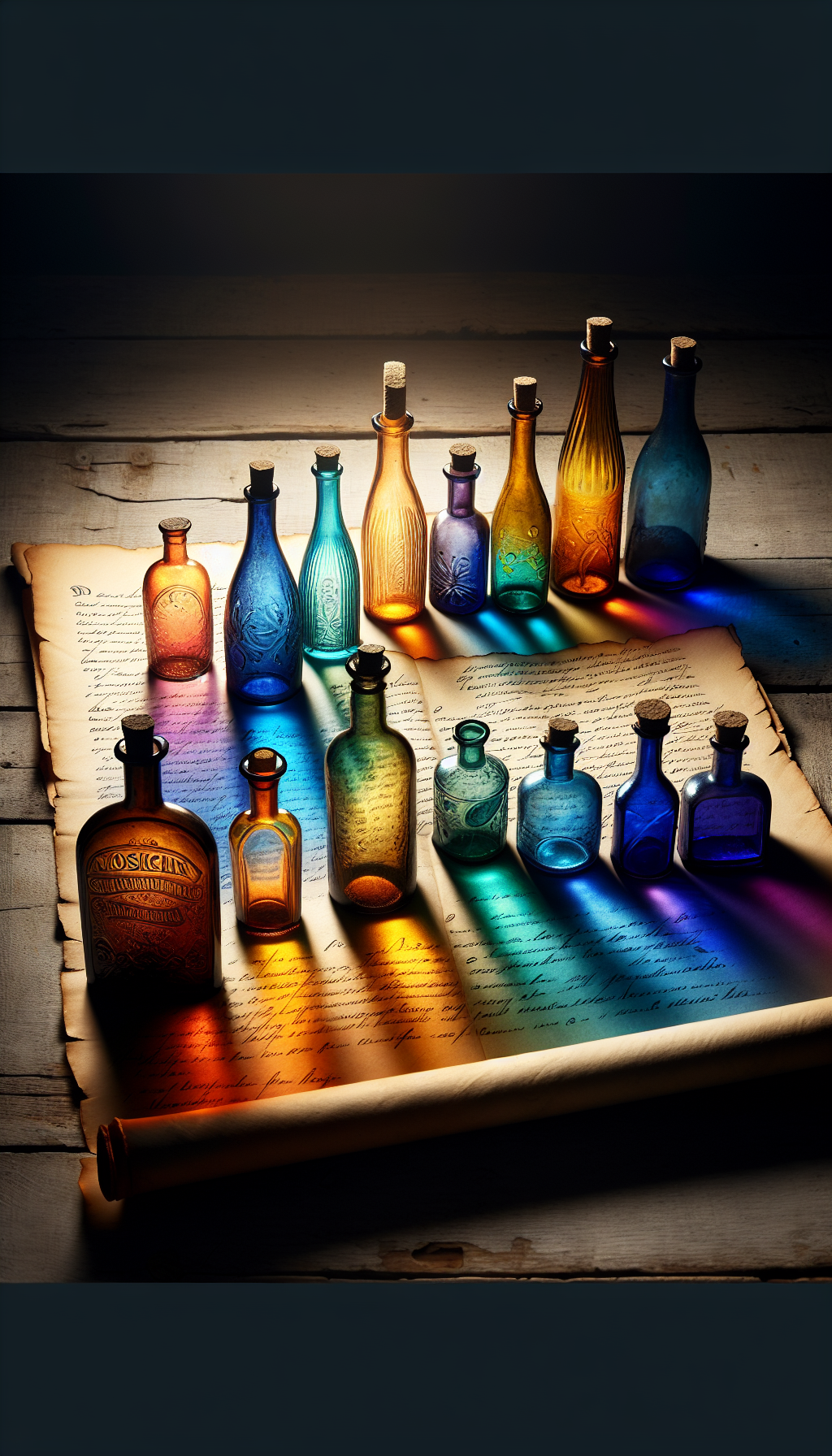 An enchanting array of vintage bottles casts a vibrant spectrum on an ancient scroll. Each hue, a chapter of history—from cobalt blues that speak of medicinal origins to amber browns that whisper of bygone beverages. The bottles, adorned with subtle age markers like seam lines and pontil marks, unravel a tale of time's passage through the language of color.