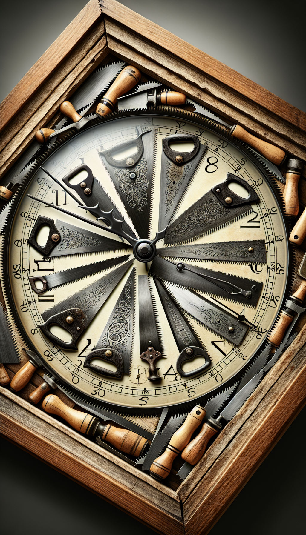 The illustration showcases a partially transparent vintage clock overlaying various antique crosscut saws, with their teeth patterns morphing into the clock's hour marks. Each saw blade reflects a distinct era's style, with intricate engravings indicating their identities. The clock's hands are fashioned from miniature saws, pointing towards the unique characteristics that define their timeless utility in woodworking history.