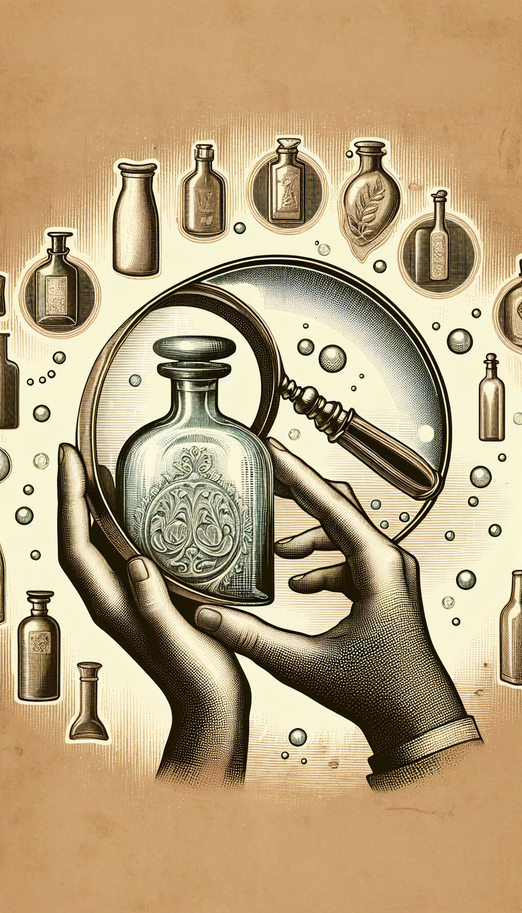 An illustration featuring a pair of hands gently cradling a transparent, antique bottle, with a magnifying glass hovering over the bottle's embossed markings. Delicate bubbles surround the bottle, symbolizing careful cleaning, while a sepia-toned background bears faint outlines of diverse historic bottles, emphasizing identification. The line art magnifying glass intersects styles—part detailed Victorian etching, part modern minimalist line drawing.