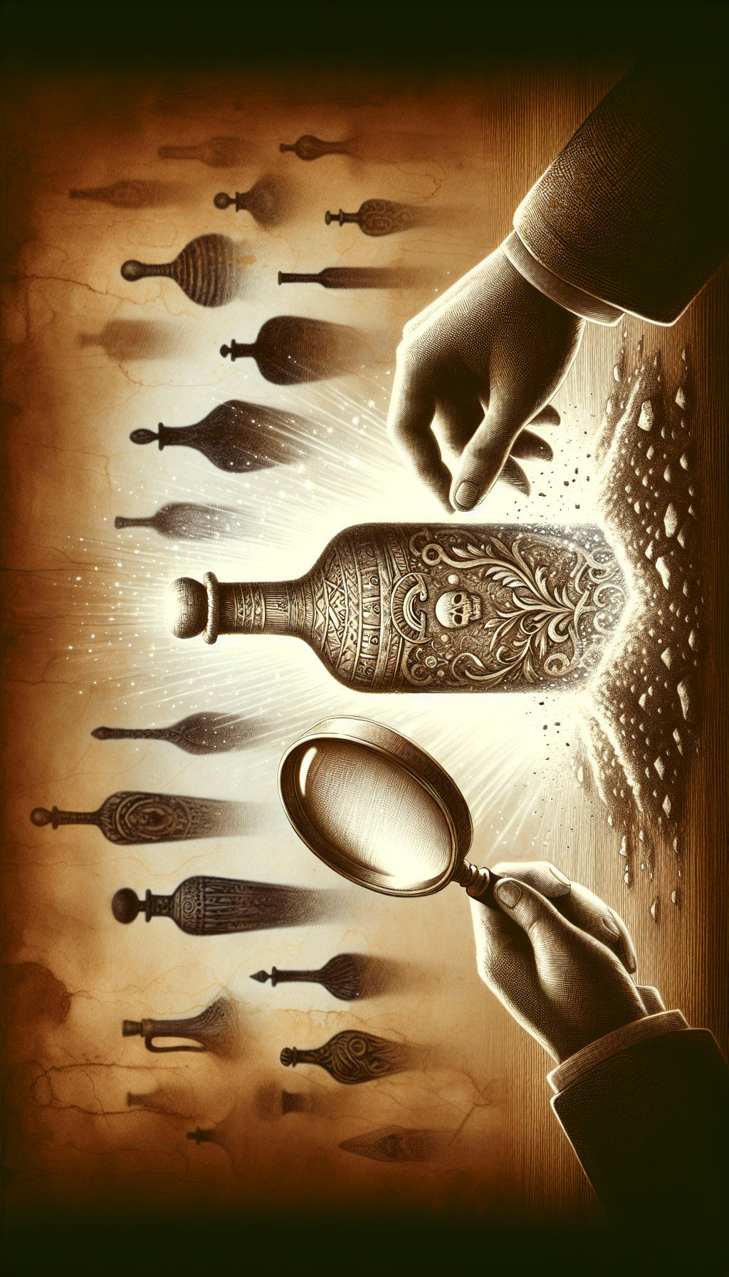 A sepia-toned sketch illustrates a hand dusting off an ancient, ornate bottle buried in the earth, with a gleaming aura emanating from it, symbolizing its high value. The background features silhouettes of rare bottles floating like treasures, with a magnifying glass focusing on one, hinting at the collector's quest to discover the past and the value within.