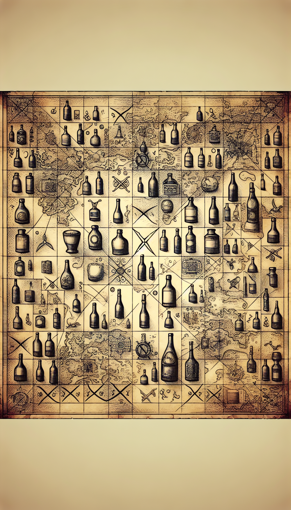 An intricately sketched treasure map unfurls across the canvas, with vintage bottles replacing iconic X-marks. Each bottle is adorned with distinct symbols like rare manufacturer's marks, unique colors, and peculiar shapes—glinting hints of their value. The aged parchment's texture varies stylistically from watercolor softness to sharp ink lines, illustrating the diverse aspects that contribute to an old bottle's worth.
