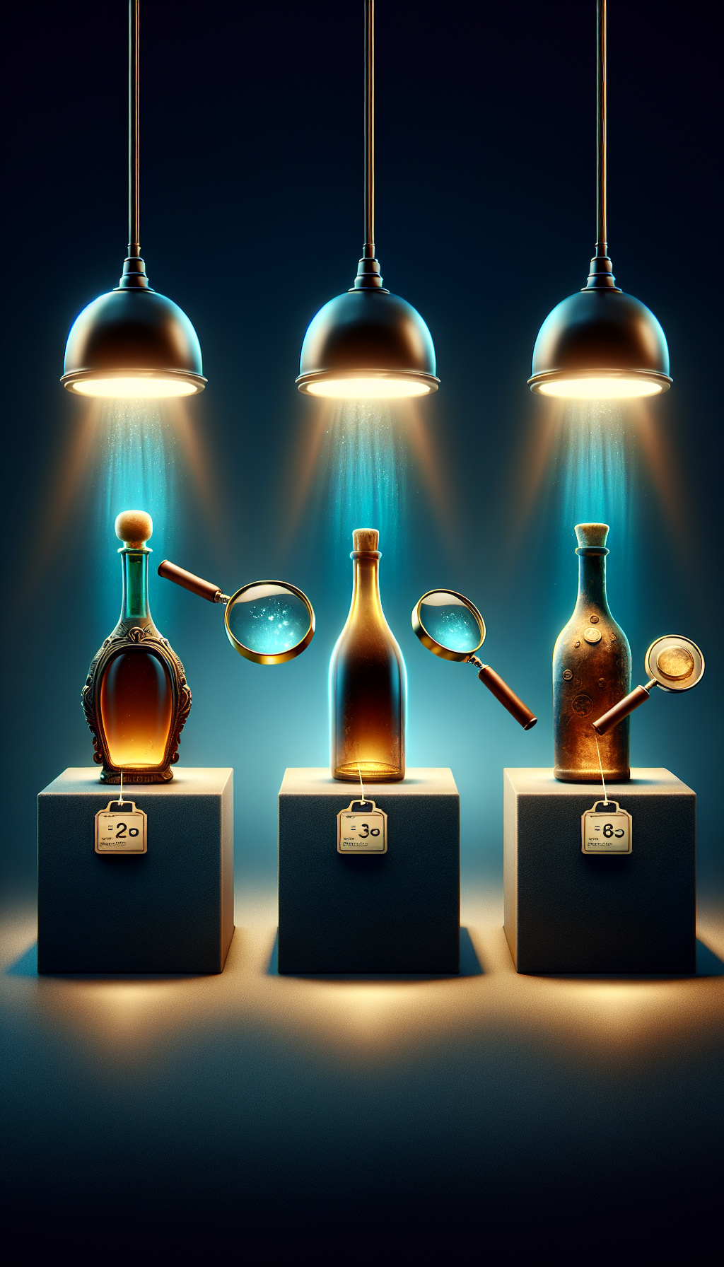 An illustration depicts a trio of vintage bottles each standing on a pedestal, akin to museum artifacts, under different spotlights. The first bottle gleams flawlessly, the second has mild patina, while the third shows distinct cracks. Above each, a magnifying glass inspects their condition, with price tags floating upwards, decreasing in value from left to right, symbolizing their respective worth.