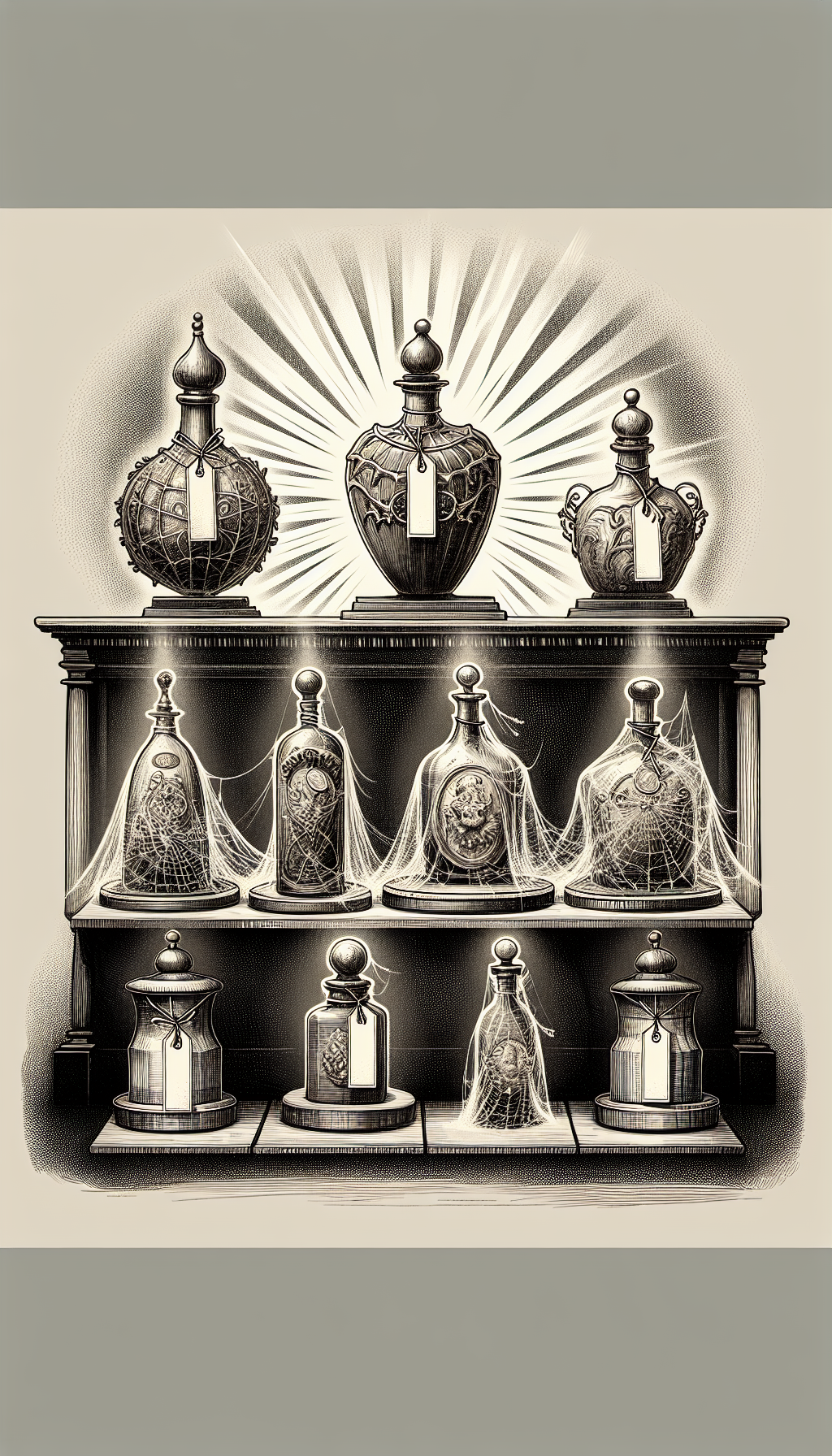 A vintage, hand-drawn illustration features an elegant auction podium where a collection of intricately designed, cobwebbed bottles are displayed atop pedestals of varying heights, symbolizing their rarity and desirability. Each pedestal has a tag with escalating prices. A shimmering spotlight casts a glow on the oldest, most ornate bottle, illustrating its high value.