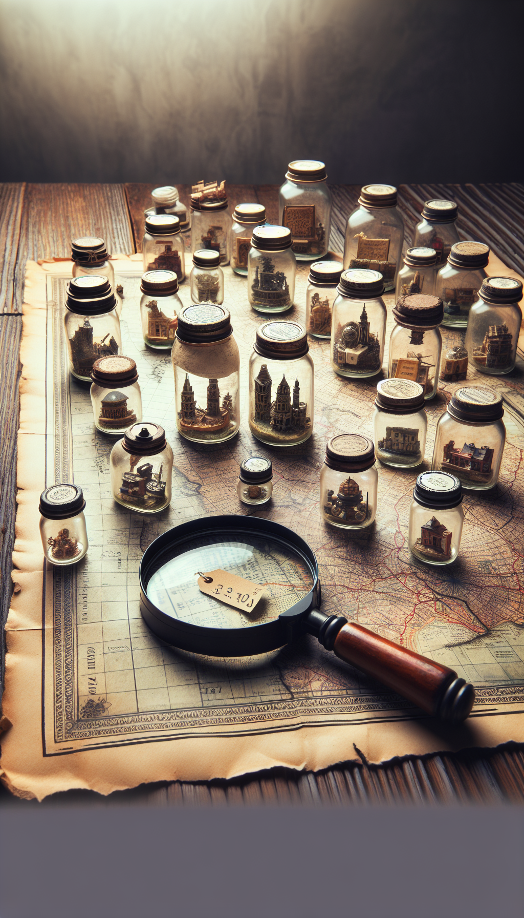 An illustration depicts an antique map unfurling across a rustic wooden table, dotted with aged mason jars of varying sizes and patinas. Each jar contains a miniature, diorama-like scene representing different eras in history, symbolizing the jars' journey through time. A magnifying glass peers into one, highlighting a price tag that hints at its increasing value within the collector's world.