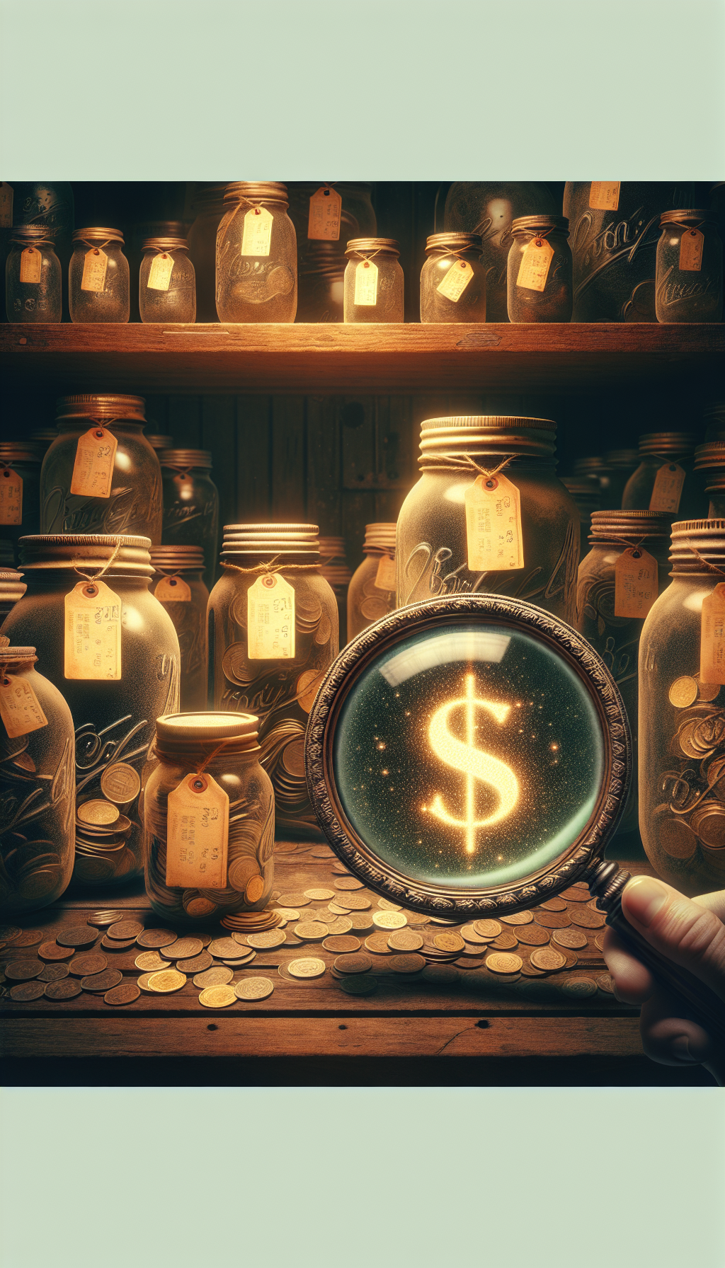 An illustration depicts a dusty pantry shelf lined with various old mason jars, each with a vintage price tag, glowing subtly to highlight their hidden worth. In the foreground, a classic magnifying glass hovers over a particularly rare jar, reflecting the gleam of dollar signs, playfully juxtaposing the transition from obscurity to monetary significance.
