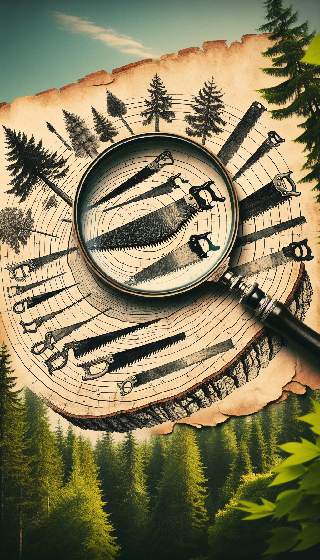 An aged parchment rests against a forest backdrop, showcasing detailed sketched silhouettes of different antique crosscut saws, each labeled with its era and unique characteristics. Concentric tree rings subtly emerge in the background, doubling as a timeline, while a magnifying glass hovers over one saw, highlighting the intricate tooth pattern for identification, blending history with the mystique of woodland discovery.
