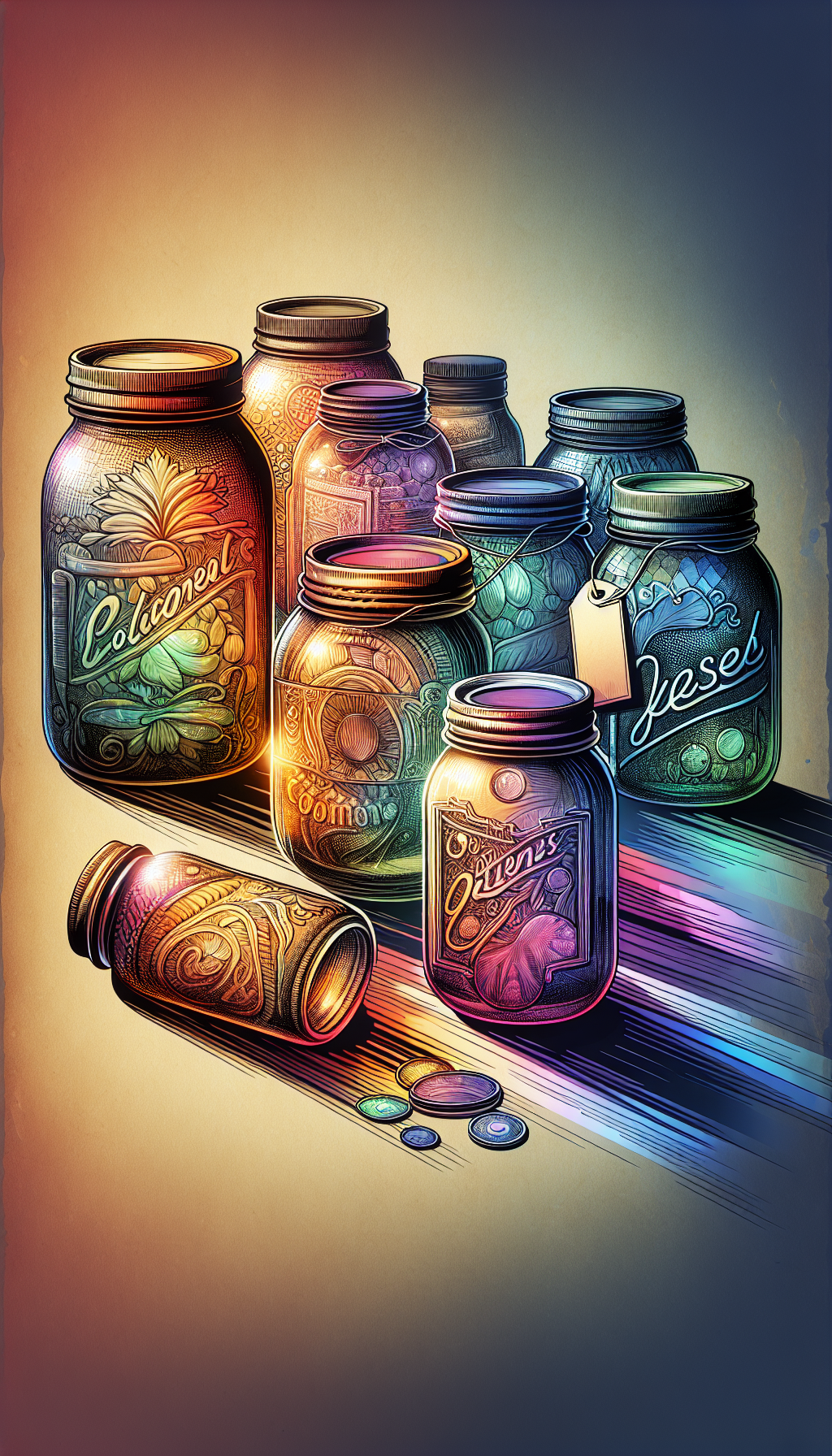 An intricate artwork featuring a cascade of antique mason jars, their glass surfaces awash with a spectrum of vibrant, translucent hues, each embossed with intricate historic patterns. Light filters through, casting colorful shadows that spell out "Colorful Past", whilst a price tag dangles from an aged jar, symbolizing the valued heritage within these colored glass artifacts.