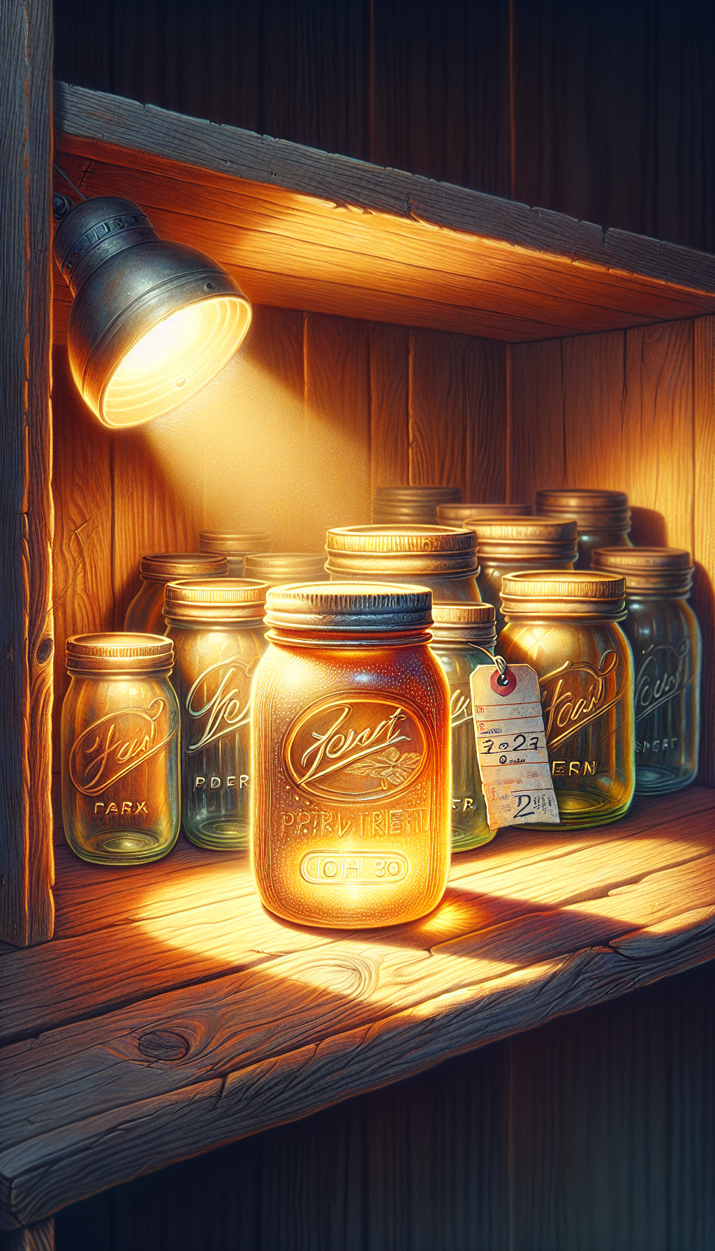A whimsical still-life illustration depicts a vintage wooden shelf, with a spotlight casting a golden glow on a row of old, colorful mason jars. Among them, a jar with a shimmering, translucent lid stands out, subtly embossed with the rarest maker's mark, while a faded price tag reveals an astonishing value, hinting at the hidden treasures of antique collectors.