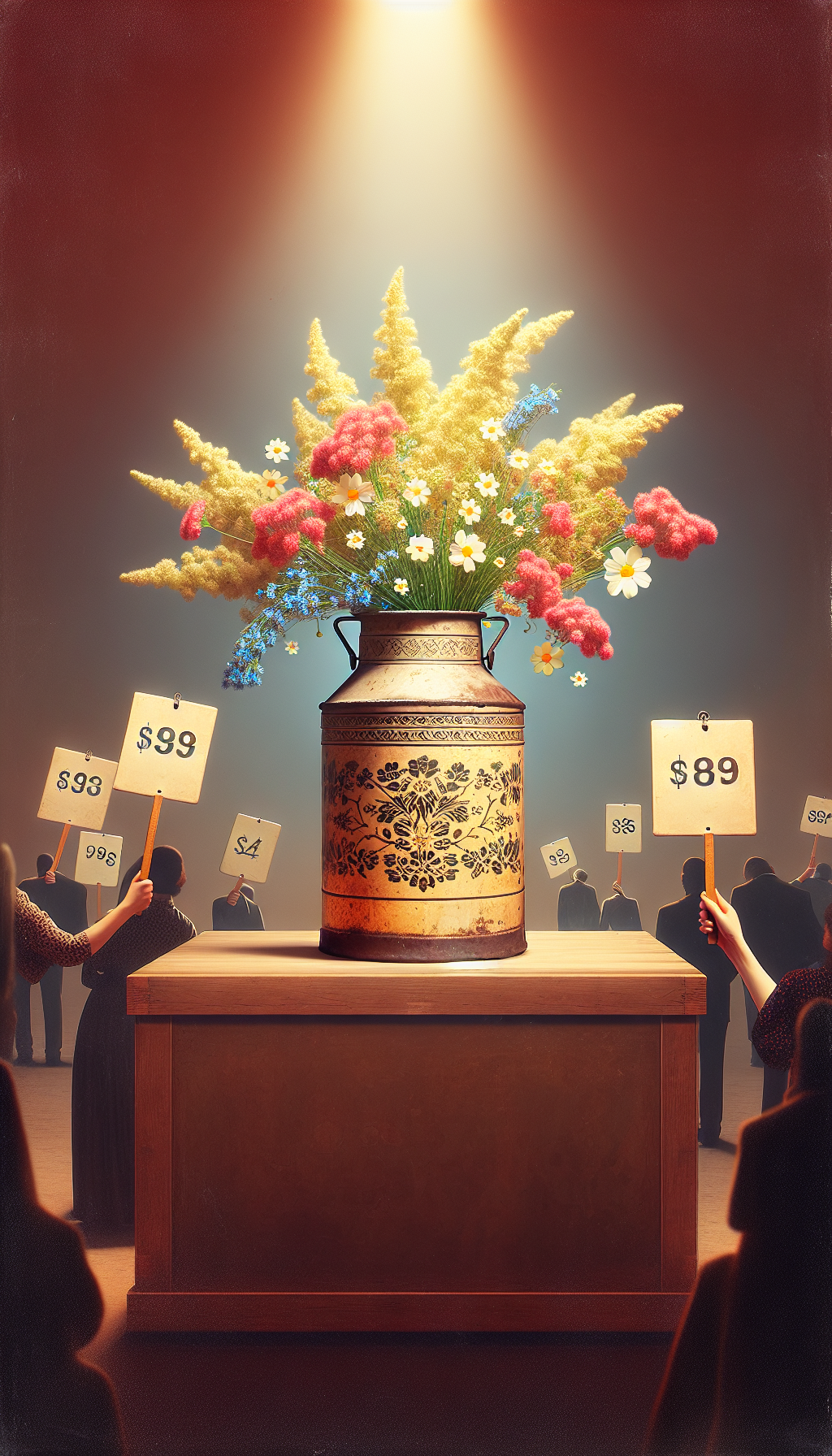 An illustration of a rustic, vintage milk can transformed into an elegant vase, filled with vibrant wildflowers. The can sits atop an auction podium with a spotlight highlighting its intricate designs, while in the background, shadowy figures raise paddles with price tags, showcasing its collectible value. The contrast between the pastoral function and its newfound decorative allure is artfully depicted.