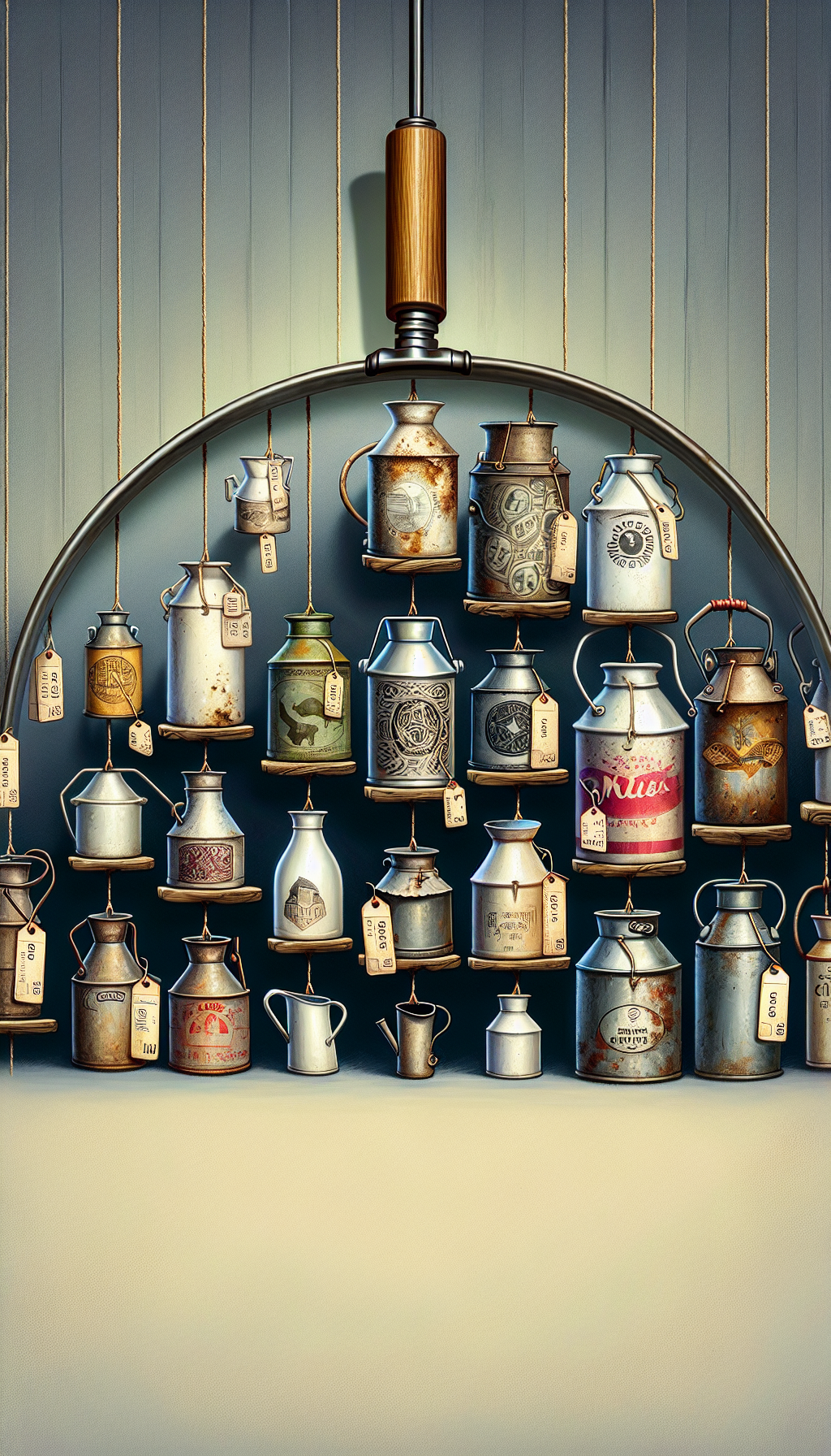 A whimsical illustration featuring a cluster of antique milk cans of various sizes and designs positioned like a bar chart, with vintage price tags hanging from them to indicate their differing values. Each can is adorned with elements like rust patches, farm logos, and unique dents, symbolizing their history and rarity, while a magnifying glass hovers above, highlighting their individual characteristics.