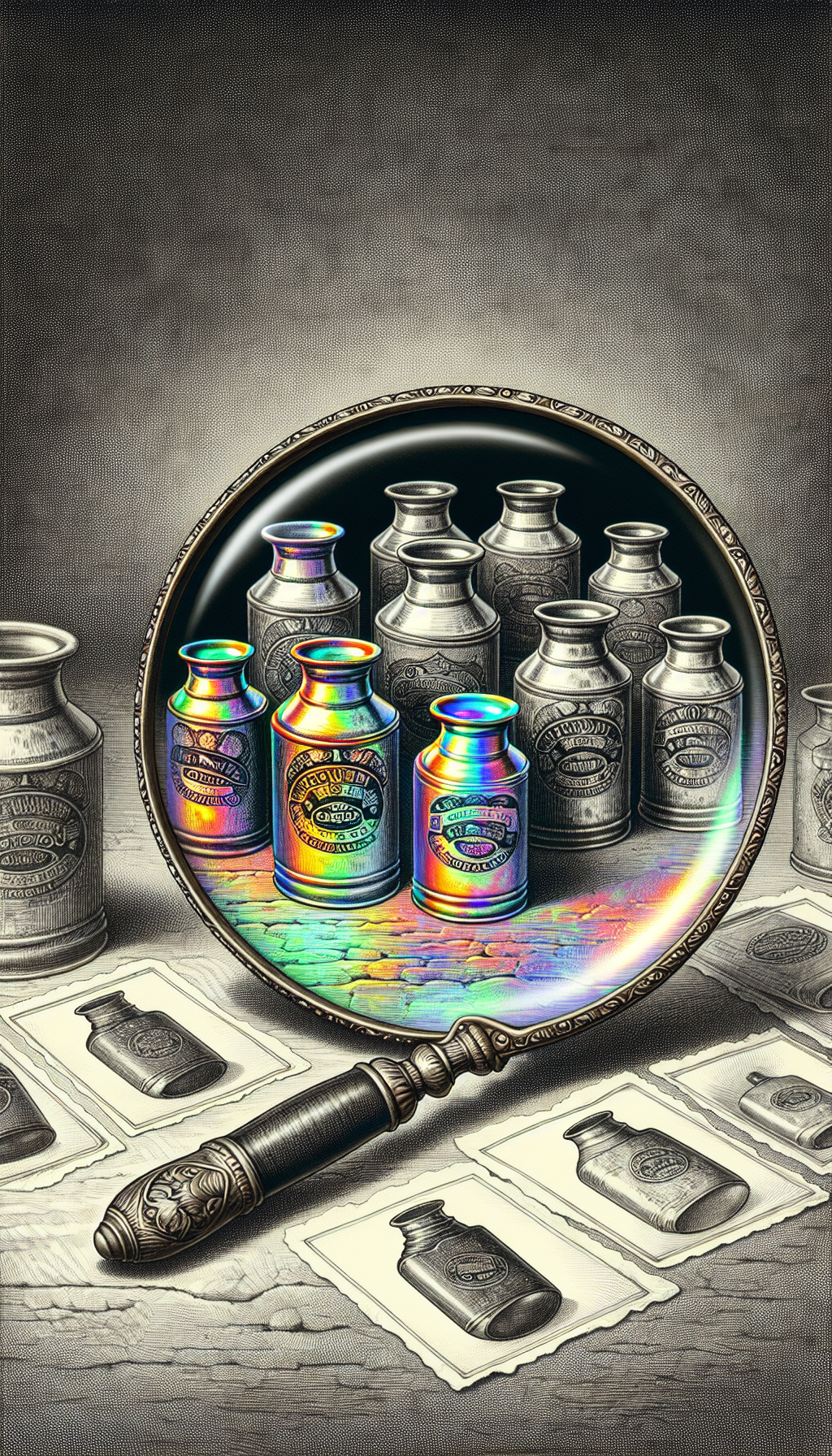 An antique magnifying glass looms over a neatly rowed assortment of vintage milk cans, with one can under intense scrutiny revealing tiny, shimmering holographic authenticity certificates when viewed through the lens. The background subtly transitions from sketched outlines to vibrant, colored realism, symbolizing the increasing value of verified authentic milk cans.