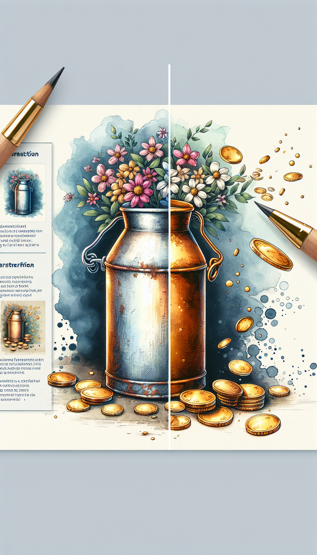 An illustration depicts a gleaming antique milk can adorned with vibrant flowers, now serving as a unique vase. Half restored, the can transitions from rust to radiance, with gold coins spilling from its open top, symbolizing its increased value. The can is set against a backdrop of blurbs detailing restoration tips, with different artistic techniques like watercolor and linework showcasing its transformation.
