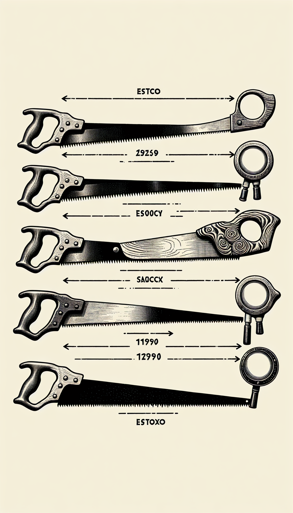 An illustration depicts a set of saw handles morphing from rough, historical designs into modern, ergonomic shapes, each segmented by era. The most antique handle frames a magnifying glass that reveals unique engravings, symbolizing the fine details in identifying antique crosscut saws. The styles range from woodcut to sleek digital lines, reflecting the evolution from past to present.