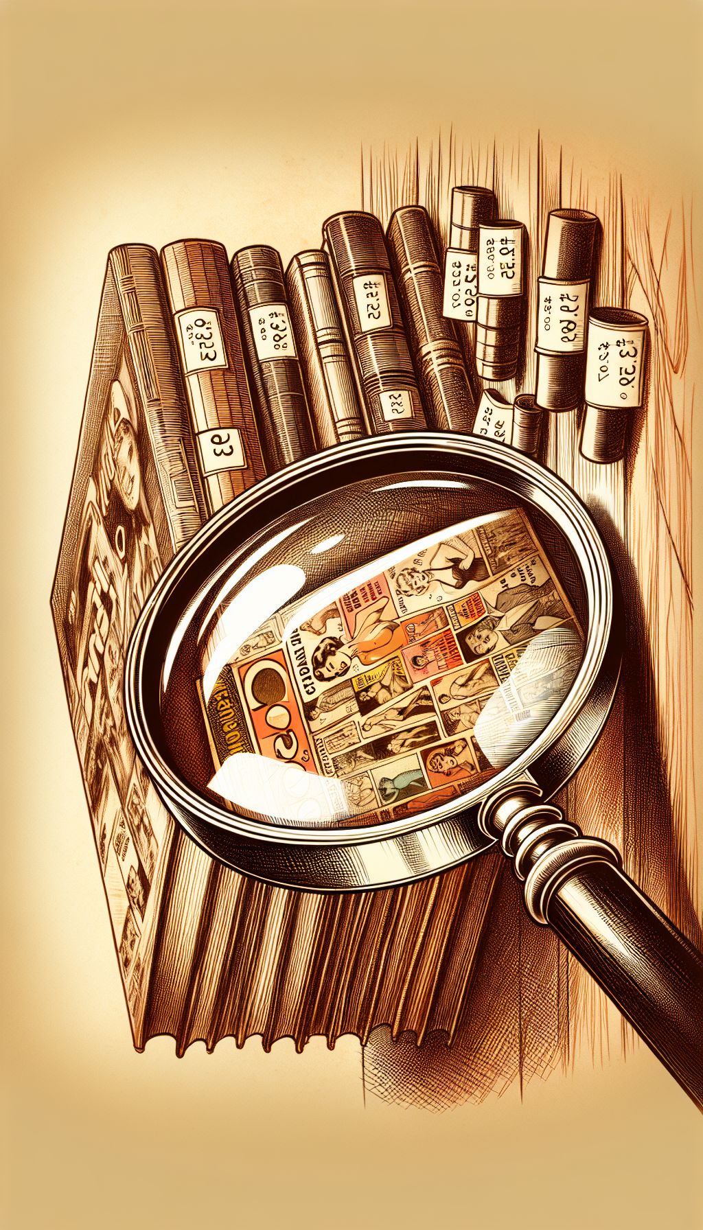A sepia-toned sketch shows an antique magnifying glass hovering over a neatly aligned collection of vintage Playboy magazines, with price tags subtly increasing as they recede into the background, illustrating the rising value of nostalgia. The magnifying glass reflects the vibrant cover of a pristine, iconic issue, symbolizing the allure and exploration of past cultural treasures.