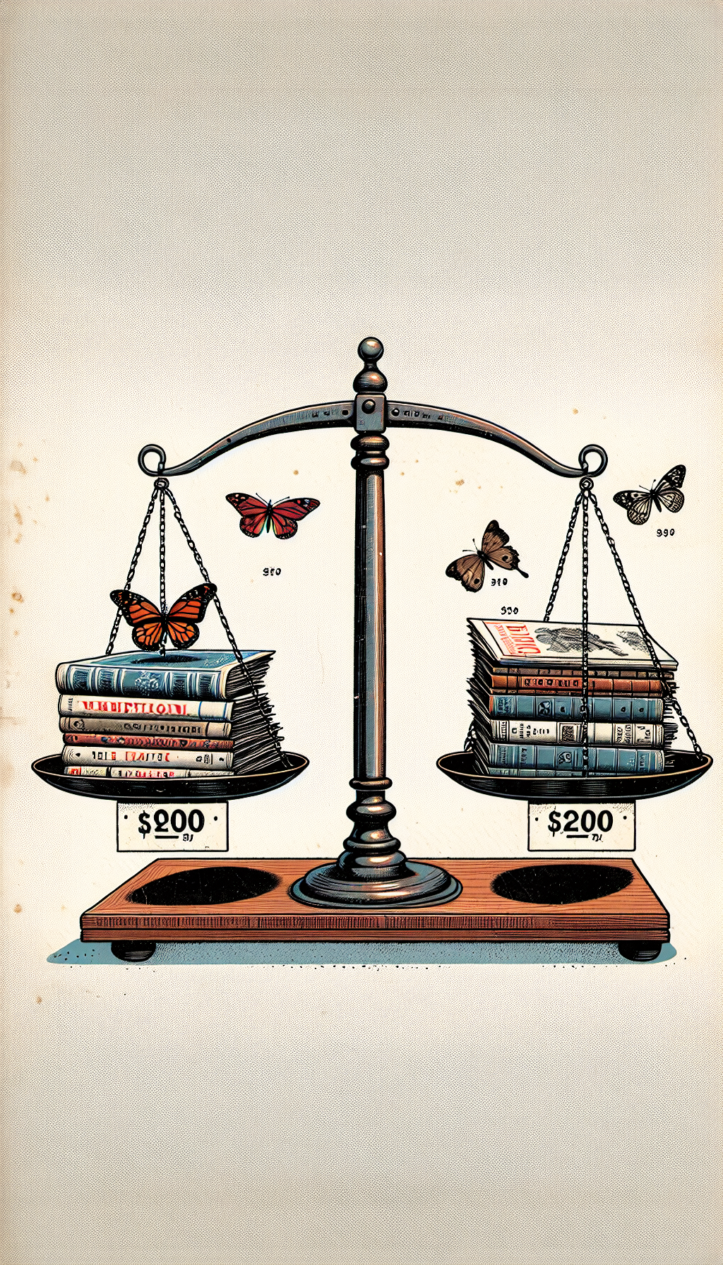 An illustration delicately balancing pristine and well-worn copies of old Playboy magazines at opposite ends of a vintage scale, with rare issue butterflies fluttering above the more valuable side, while less rare copies feature price tags with dwindling numbers, vividly visualizing the weight of rarity and condition in determining their respective values.