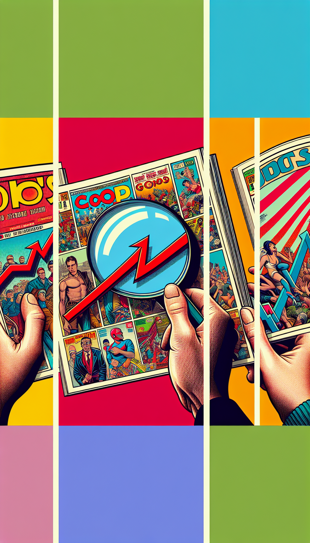 An illustration, split into a triptych, displaying a magnifying glass held over a classic Playboy cover in the first panel, with the middle showcasing a soaring graph labeled "Value Over Time," and the third featuring collectors exchanging covers, framed in different artistic styles: the first in photorealism, the second in pop art, and the third in a vintage comic book style.