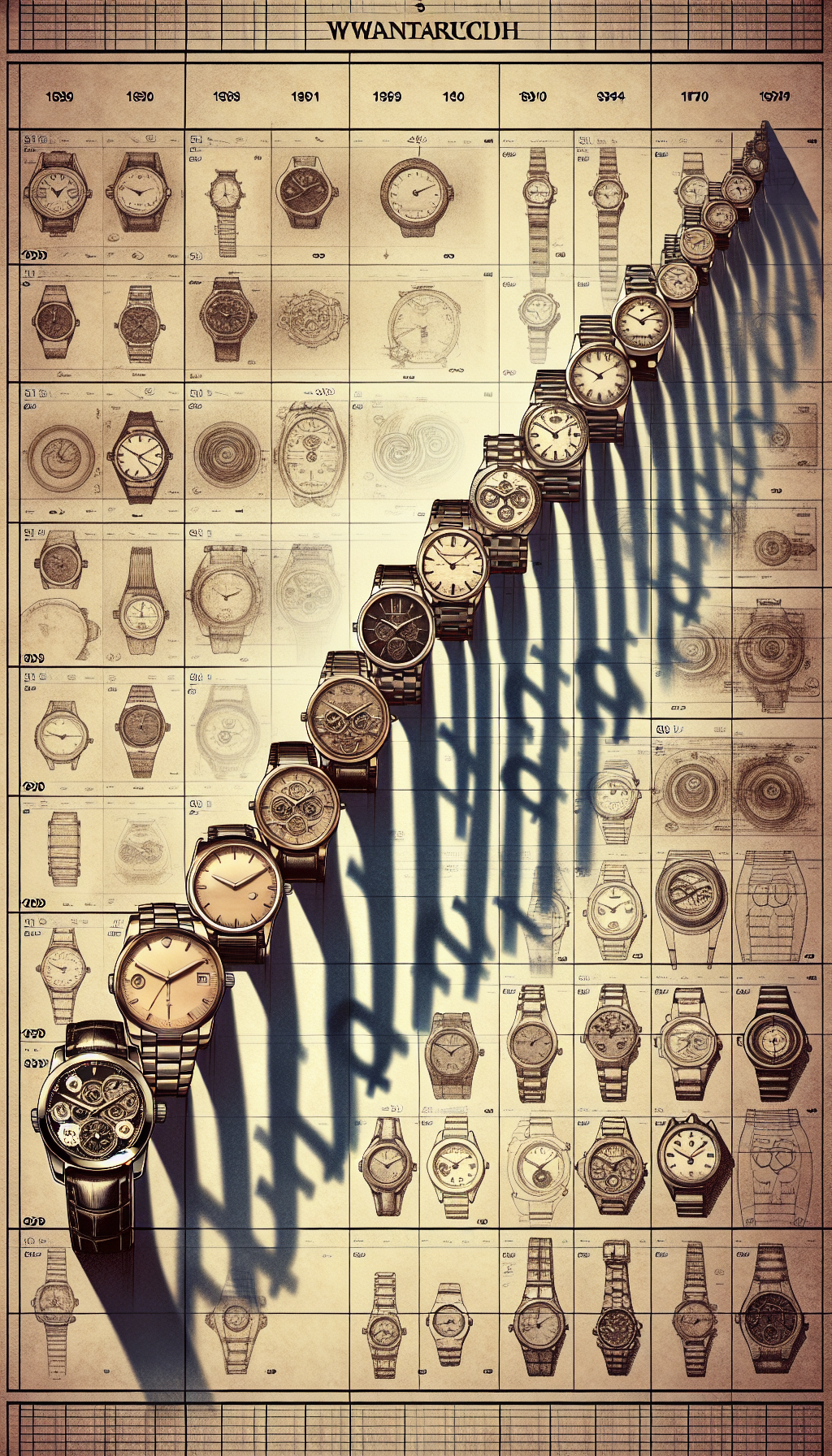 An illustration showcasing a timeline with iconic Pulsar watches, each casting a shadow that morphs into a dollar sign, symbolizing their increasing value over time. The backdrop features faint blueprints and patents, with the oldest models styled in sepia tones, gradually transitioning to full color for contemporary designs, emphasizing the evolution of innovation and the growth of their legacy valuation.