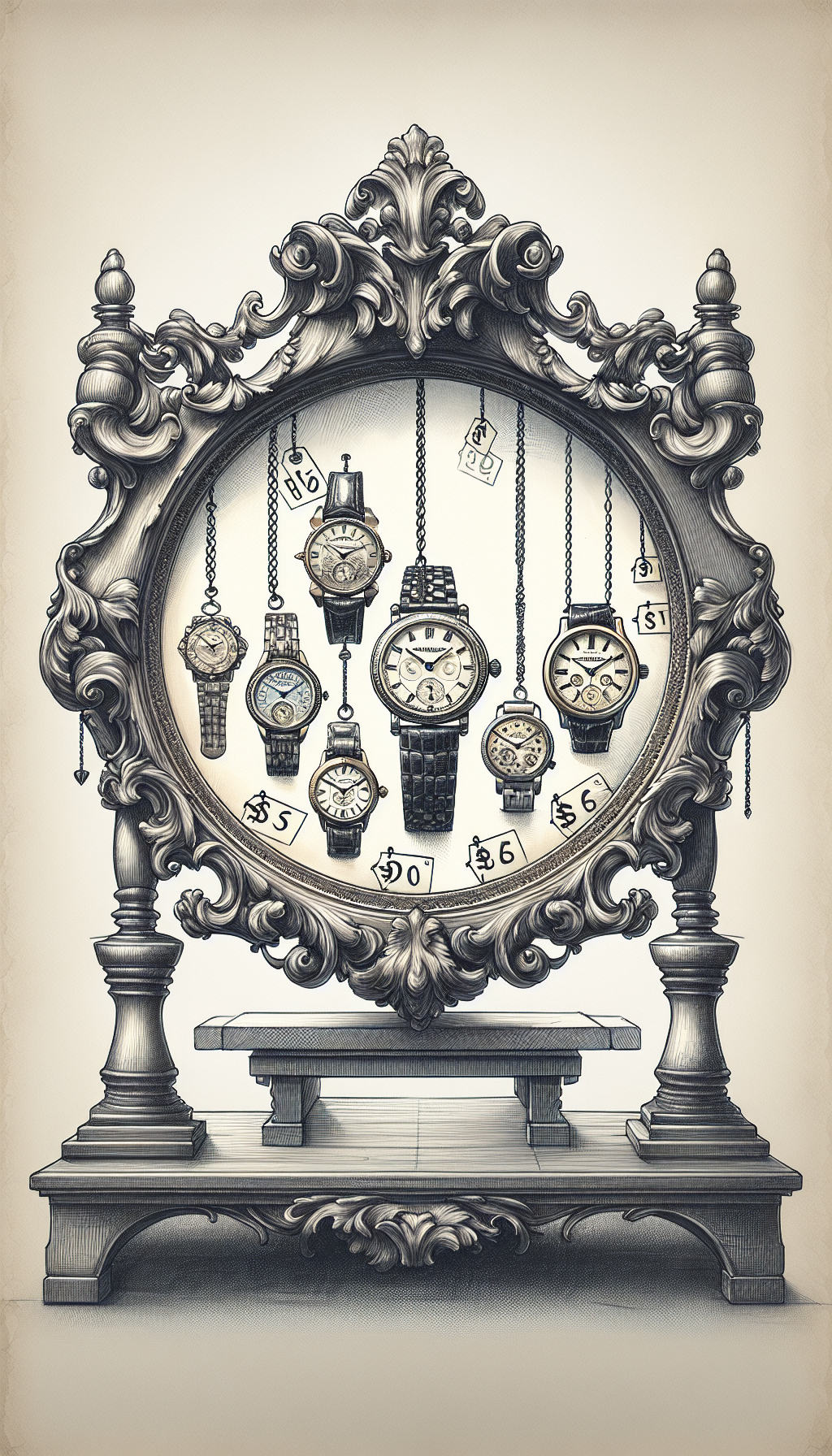 An illustration showcasing a lavish, baroque-style frame, within which a variety of classic Pulsar watch models dangle like charms on a bracelet. The frame sits atop an antique auction pedestal, subtly engraved with ascending dollar values to imply increasing collectibility. Each watch is drawn with a different artistic technique, from watercolor to line art, accenting their timeless elegance and value.