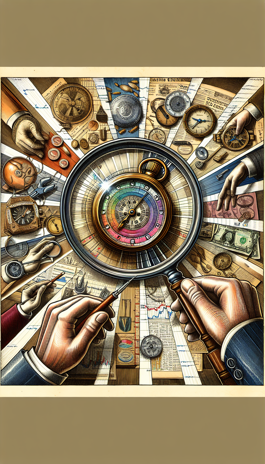 An illustration depicting a magnifying glass focused on a classic Pulsar watch, with rays emanating from the glass revealing different market factors like dollar signs, a calendar page from the '70s, a trend graph, and collector's hands. Each ray showcases a different drawing style: one in bold ink, another in watercolor, one in engraving style, and one in comic style.