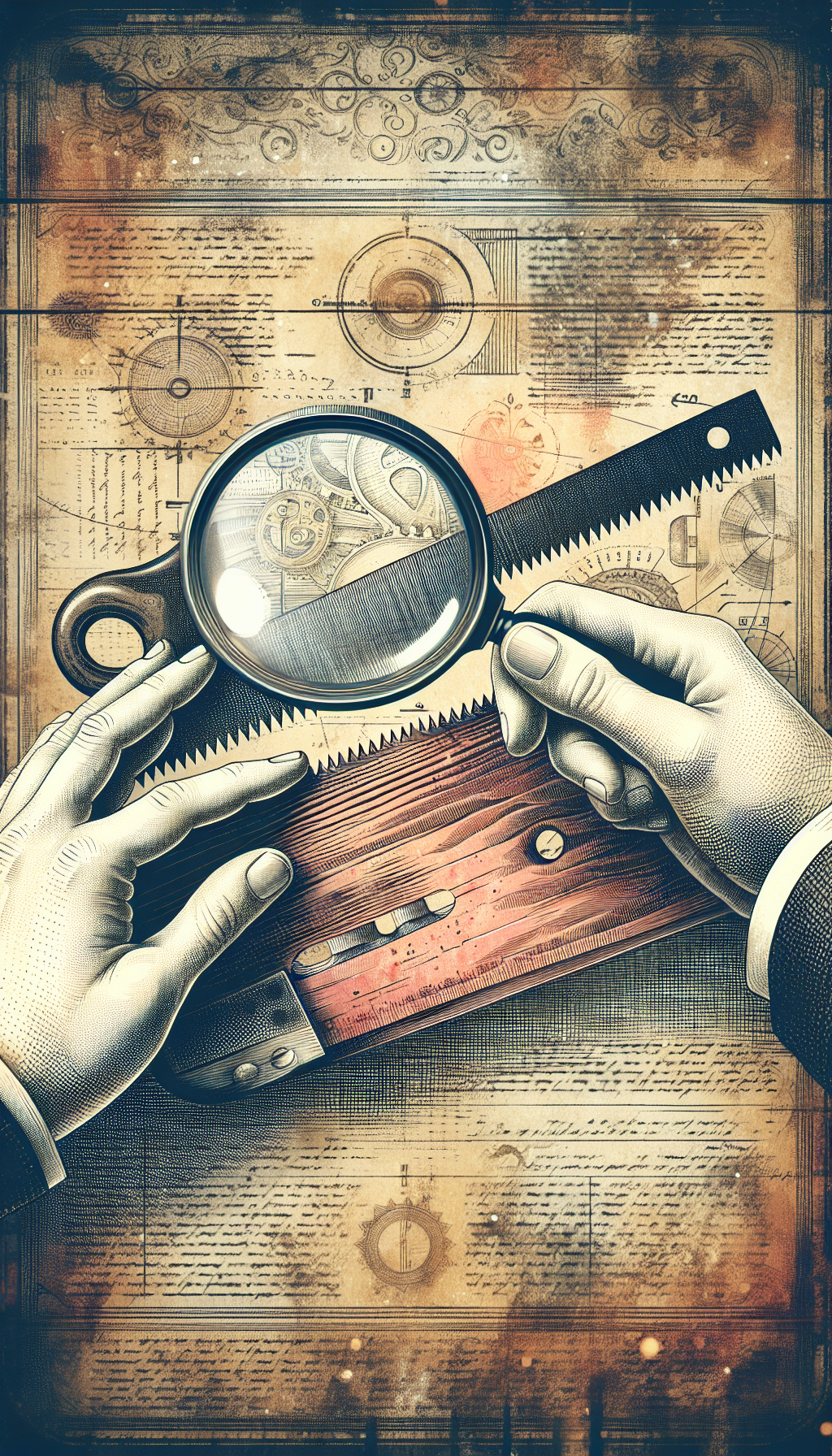A vintage-styled illustration depicts a pair of hands delicately holding a magnifying glass over an ancient crosscut saw, with subtle lines and annotations indicating key identification markers. Flecks of rust contrast with glimmers of restored metal, while a watermark-style backdrop of archival text and sketches suggests a rich history, underscoring the theme of authentication and preservation.