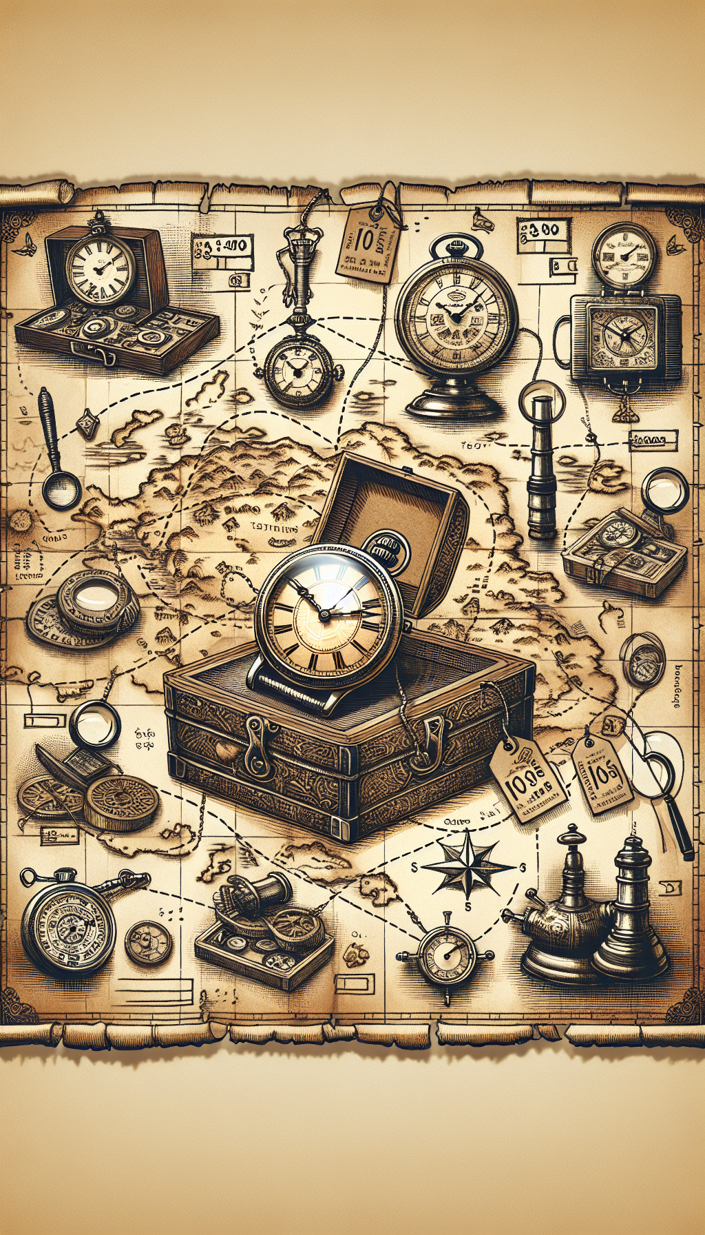An illustrated treasure map unfurls across the frame, leading to a vintage Pulsar watch with a radiant glow, set as the prized jewel on a pedestal. The map is dotted with various watch icons, magnifying glasses, and auction gavels, symbolizing the search and acquisition, while price tags dangle from the watch, emphasizing its value. Different sections of the map are in sepia tones, watercolors, and line art to represent diversity in style.