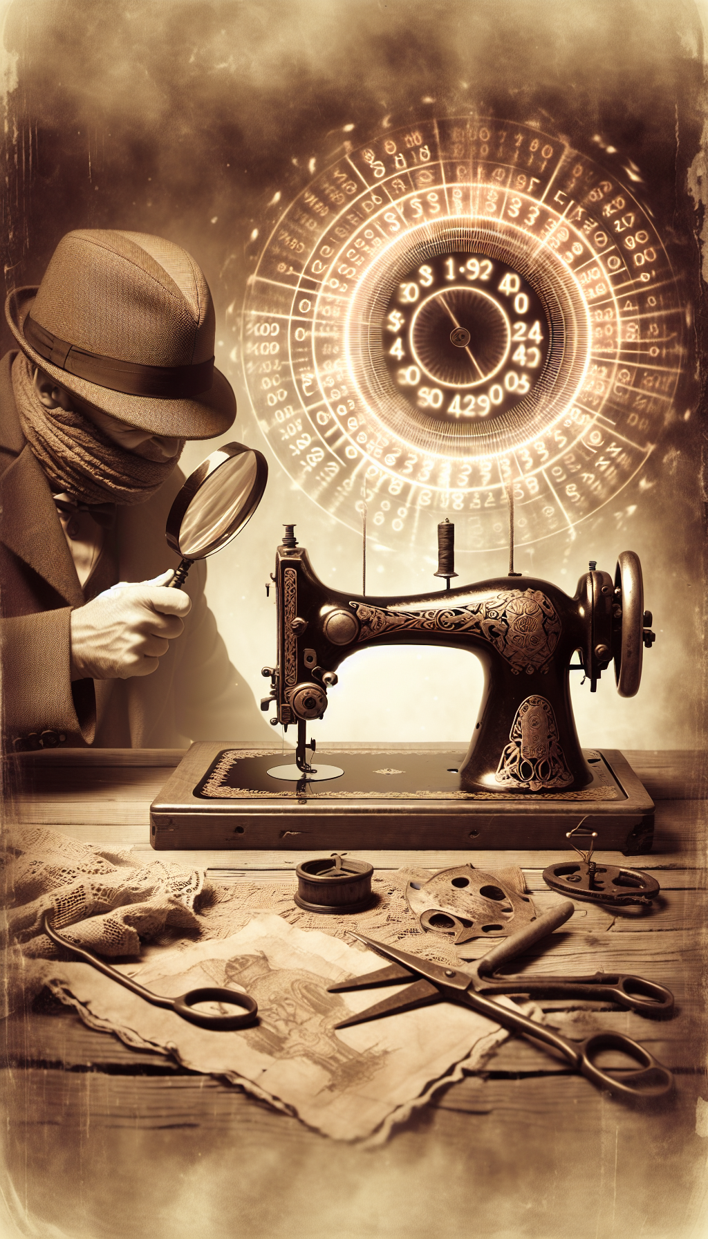 A sepia-toned sketch vignette features Sherlock Holmes, magnifying glass in hand, peering into the intricate workings of an ornate Singer sewing machine. A ghostly price tag swirls in the background, revealing fluctuating numbers that hint at its volatile value, as curious antique tools and faded sewing patterns are scattered around, inviting the viewer to solve the value mystery.