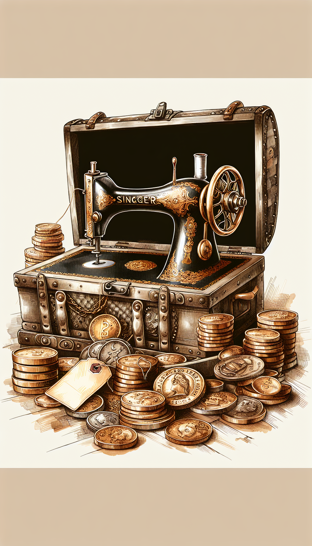 An aged, ornate Singer sewing machine sits atop an overflowing treasure chest, with gold coins, price tags, and antique appraisal tools scattered around. Various styles, like sepia-tone sketches juxtaposed with vibrant watercolor details, signify the transition from vintage to valuable, highlighting factors like rarity and condition that affect its worth.