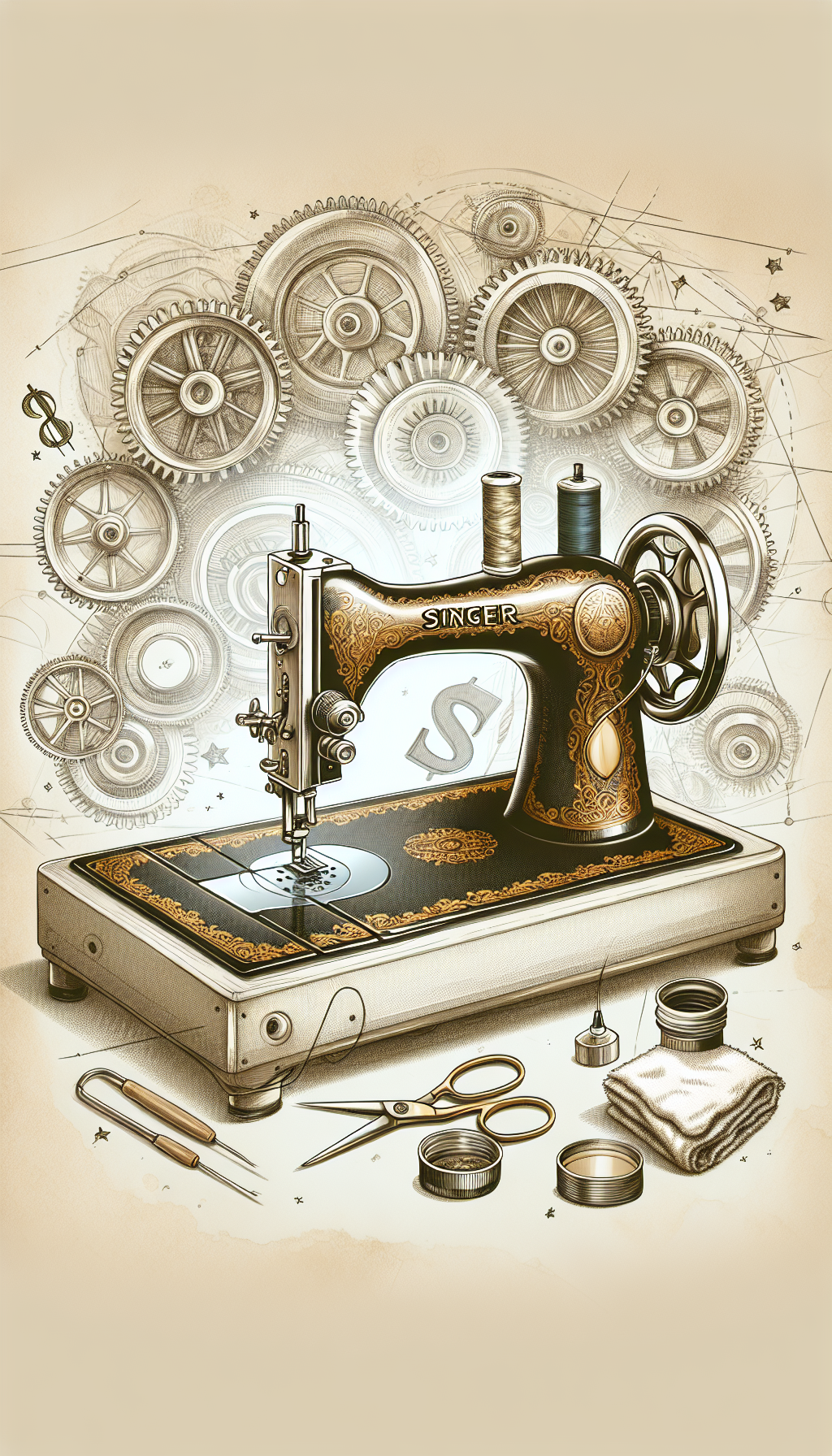 An illustration showcasing a pristine vintage Singer sewing machine with ornate, golden gears. A translucent overlay of maintenance tools such as a small oil can and a soft cloth encircles the machine, alongside faint dollar signs and stars to symbolize value. The edges blur into sketches, conveying a blend of maintenance and the timeless elegance of antique Singer machines.