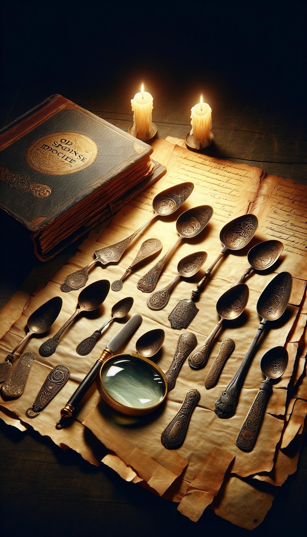 An aged parchment unfurls with an array of ornate antique spoons, each engraved with cryptic hallmarks glinting in candlelight. A magnifying glass hovers over, revealing the intricate symbols to a curious eye, while an old, leather-bound tome titled "Old Spoons Identifier" lies open, its pages whispering secrets of provenance and craft.