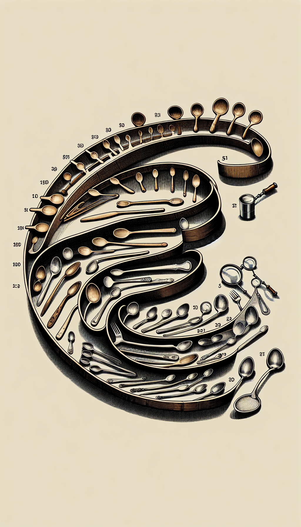 An illustration depicts a spiraling timeline unfurling like a ribbon, with intricately drawn spoons from different eras along its length, morphing from crude medieval wooden designs to sleek, contemporary silverware. Near each spoon, a magnifying glass hovers, pinpointing unique identifying features, while styles transition from woodcut to digital rendering as the timeline progresses.