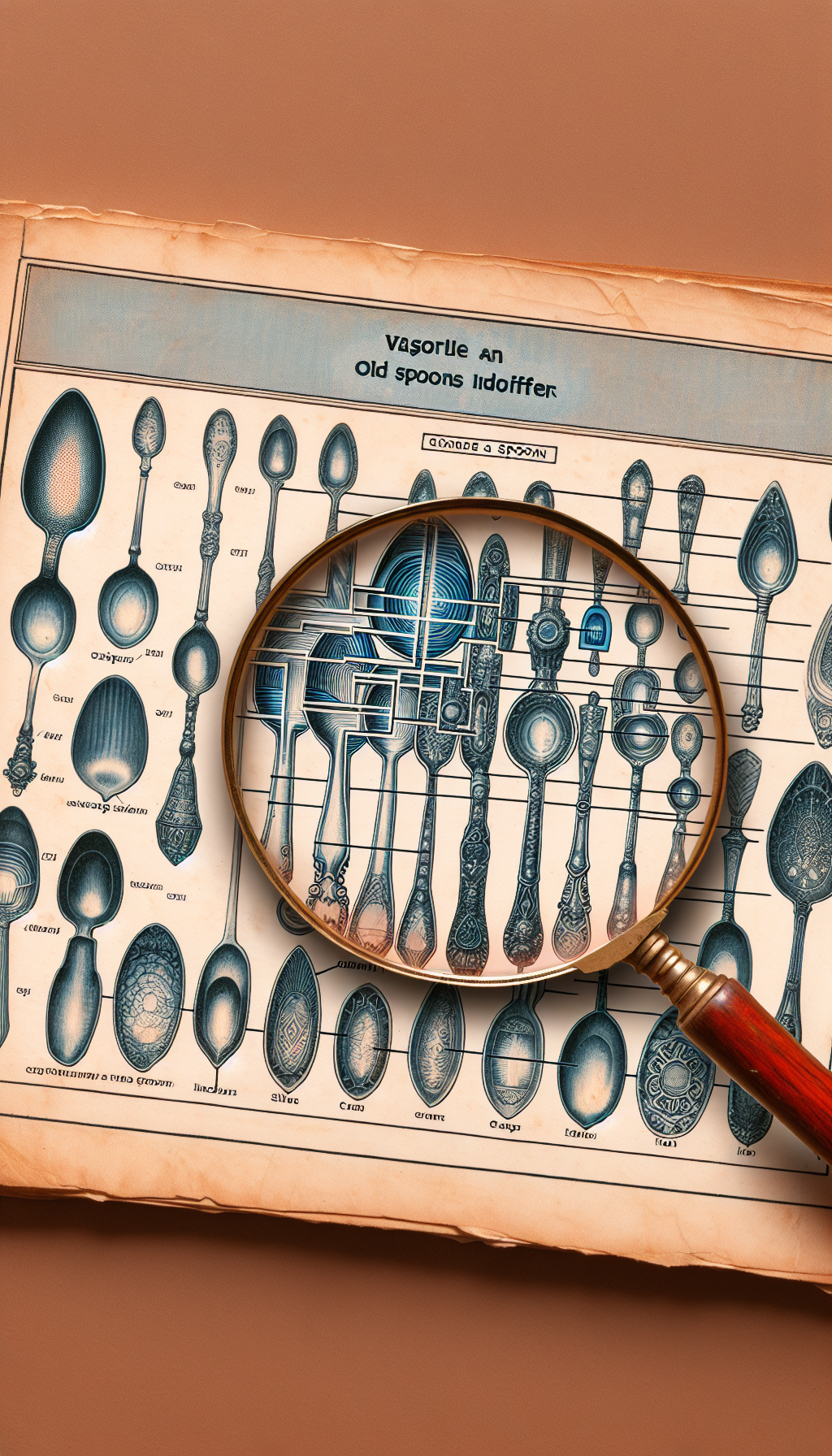An illustration depicts a magnifying glass hovering over a cross-section of ancient spoons, each layer representing a different metal such as silver, copper, and iron, with intricate patterns etched subtly within. To the side, a flowchart with labeled icons leads from each spoon to its era and origin, serving as an 'old spoons identifier' guide.