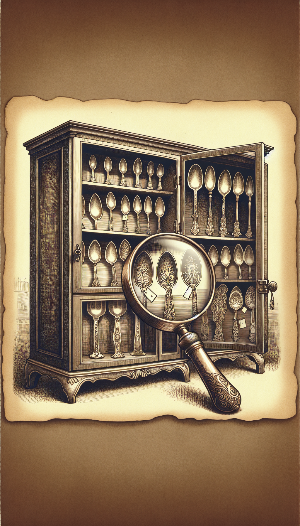 An intricately designed illustration showcases a vintage cabinet with glass doors, inside of which stands a row of antique spoons on ornate stands, each labeled with a small, elegant tag identifying its era. In the foreground, a magnifying glass hovers over one spoon, highlighting its unique patterns, while a soft, sepia-toned background suggests the passage of time.