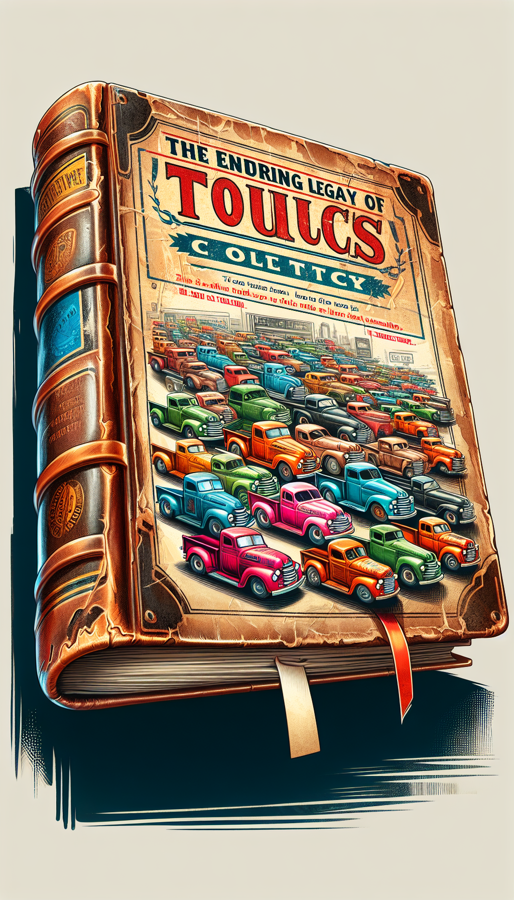 A vintage-style illustration depicts a worn, leather-bound book entitled "The Enduring Legacy of Tonka," resting on a pedestal. Nestled within its open pages is a vibrant, colorful scene of pristine, classic Tonka trucks of various models lined up as if on display in a collector's cabinet, with price tags indicative of their high value dangling from their metal frames.