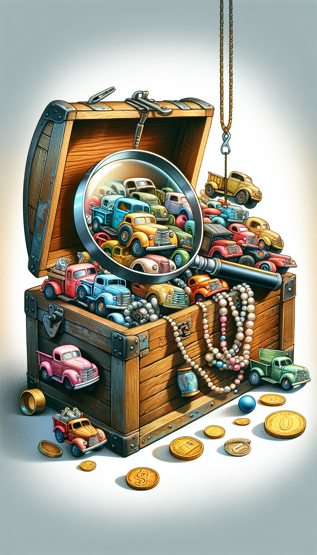 An illustration that captures a whimsical toy chest overflowing with an assortment of Tonka trucks in various states of wear, nestled among strings of pearls and gold coins, with a large, magnifying glass hovering above emphasizing details signifying rarity - like original paint and unique decals. The diverse art styles, from photorealistic to cartoonish, emphasize the varying perceptions of value among collectors.