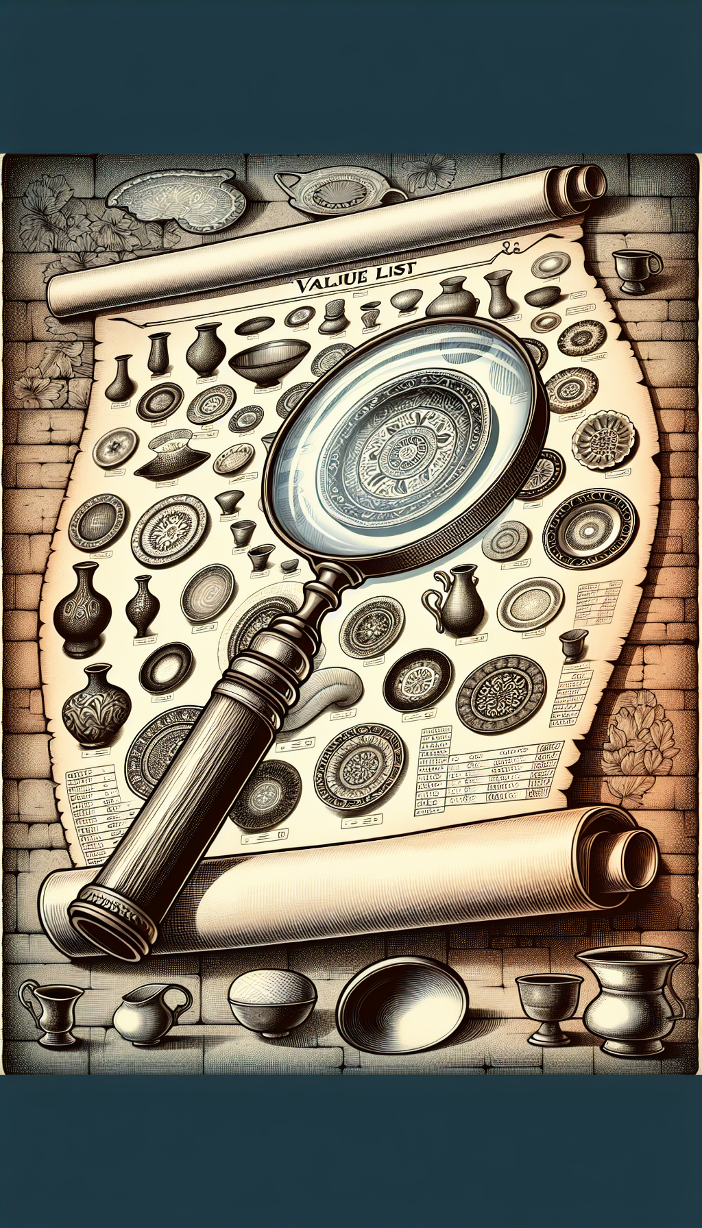 An intricate illustration featuring a magnifying glass hovering over a collection of ornate antique dishes, each with a distinct, stylized maker's mark glowing as if revealing hidden secrets. Beneath, a scroll unfurls, displaying a 'value list' with antique dishes ranked, blending styles from vintage etchings to vibrant watercolors to symbolize the diversity of dishes and their varying worth.