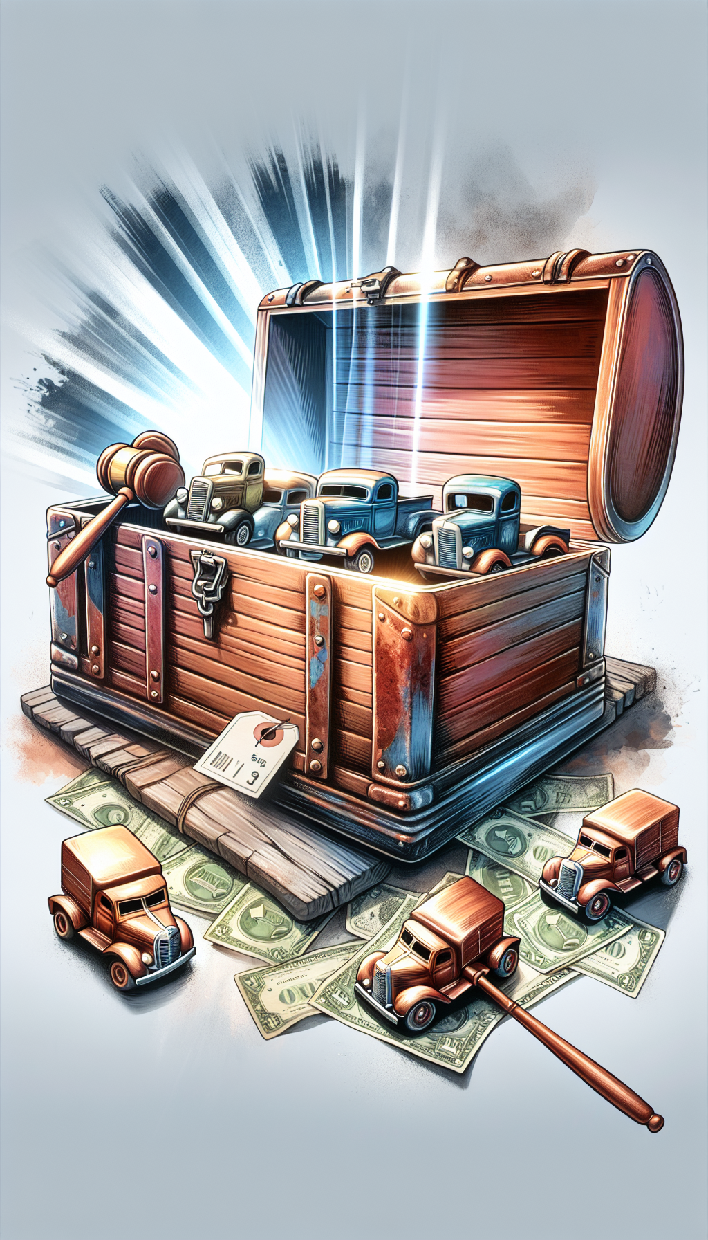 An aged, rusted Tonka toy chest, ajar with beams of light unveiling pristine, classic Tonka trucks inside, atop a pedestal of price tags and auction gavels. Styles vary randomly—from hyper-realistic trucks, a watercolor chest, to cartoonish currency, creating a visual timeline of the trucks' enduring value and nostalgia.