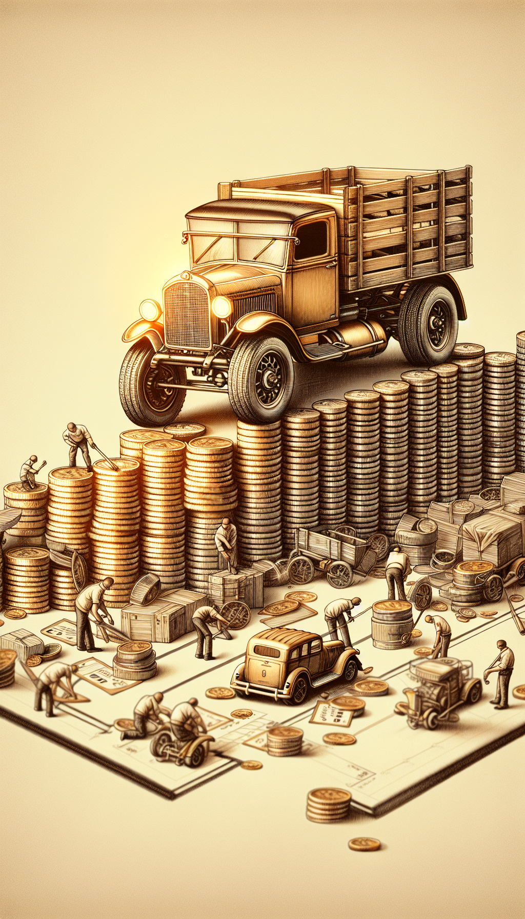 An illustration of a vintage, shiny Tonka truck perched atop a stack of ascending golden coins, resembling a bar chart. Below it, miniature collectors with magnifying glasses and checklists selectively polish and appraise other Tonka models. A faded price tag ribbon swirls around the scene, emphasizing the increasing value. The styles oscillate between sepia-toned realism for the truck and vibrant, cartoonish lines for the collectors.