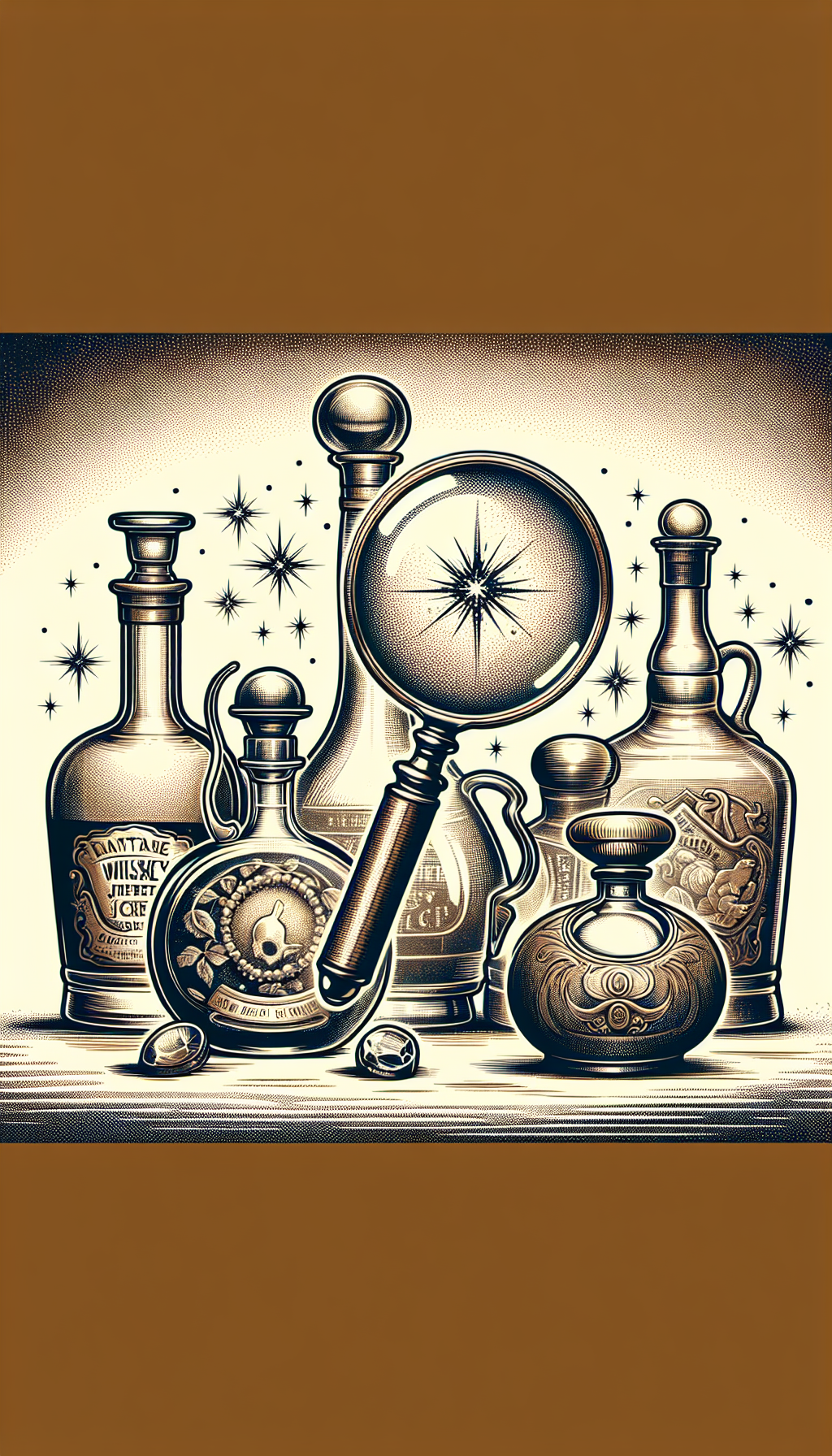 An illustration depicts a magnifying glass hovering over a trio of aged whiskey jugs of various degrees of rarity, each emitting a sparkle to represent value. Monochromatic sepia tones dominate, save for the jeweled hues of the rarity sparkle, underscoring the concept of antiquity and preciousness intertwined with the historical value of whiskey collectibles.