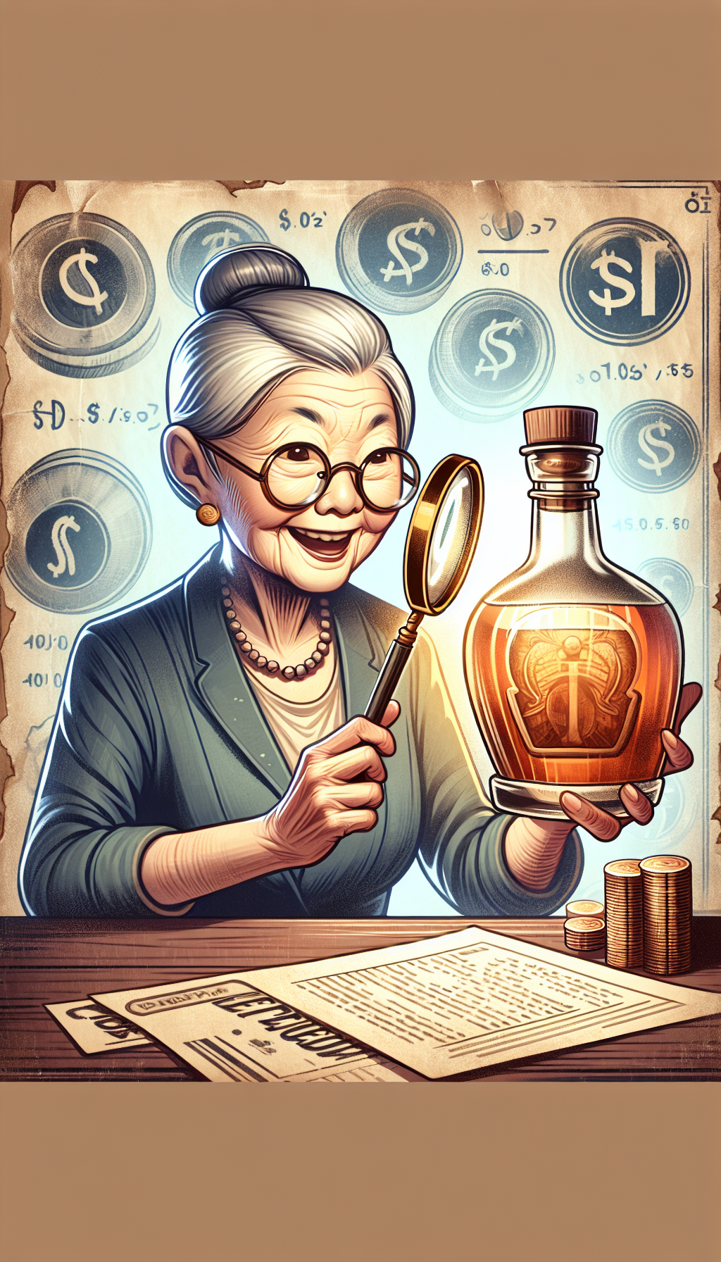 An illustration depicting an animated, elderly shopkeeper with an expert gleam in his eye, holding a magnifying glass to a vintage whiskey jug. The jug is illuminated by a spotlight, with faded images of dollar signs and age rings encompassing it, implying its value. The shopkeeper's other hand presents a list labeled "Collector's Tips", blending elements of wisdom and valuation.