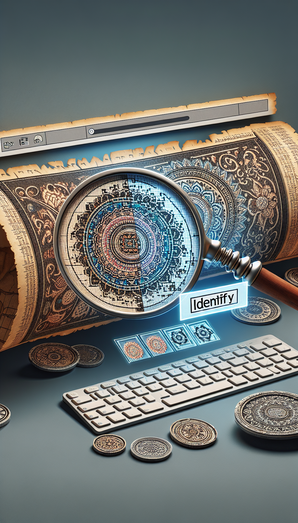 A digital collage fusing pixels and traditional Indian motifs sprawls across an ancient scroll unfurled on a screen, with a magnifying glass highlighting intricate patterns atop a keyboard button labeled "Identify." A sidebar displays "Value Guide" with virtual tokens featuring artifact images as they morph from tangible to digital form, symbolizing the seamless blend of antiquity and cyberspace.