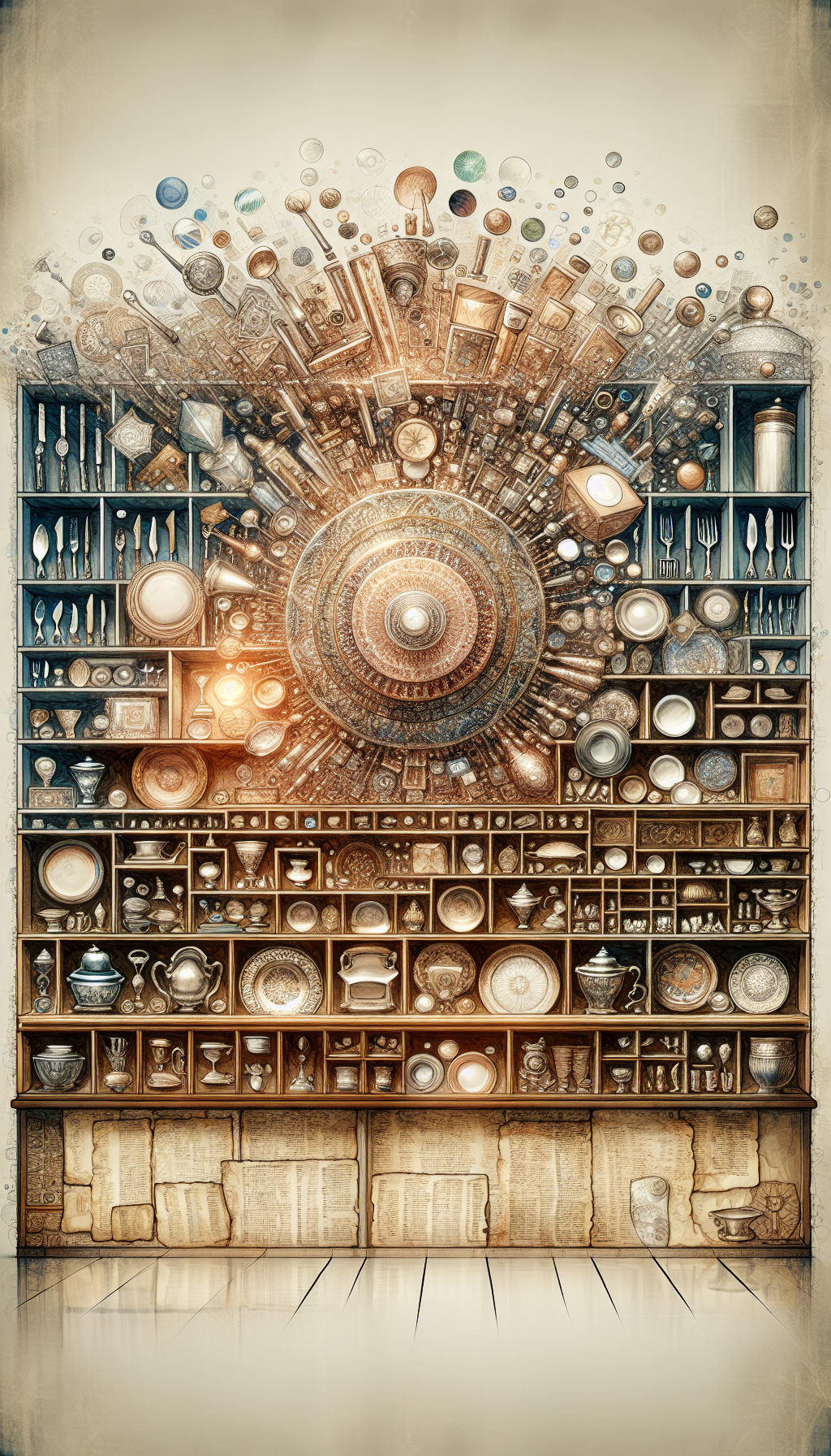 An opulent montage features a collector's cabinet with shelves divided into textures: the top glistens with silver cutlery cascading onto a fine porcelain plate mosaic, the middle showcases bronze and gold antique utensils, while the bottom spills a parchment list with aged ink detailing dish values, all rendered in a harmonious blend of watercolor, pen, and digital overlays.