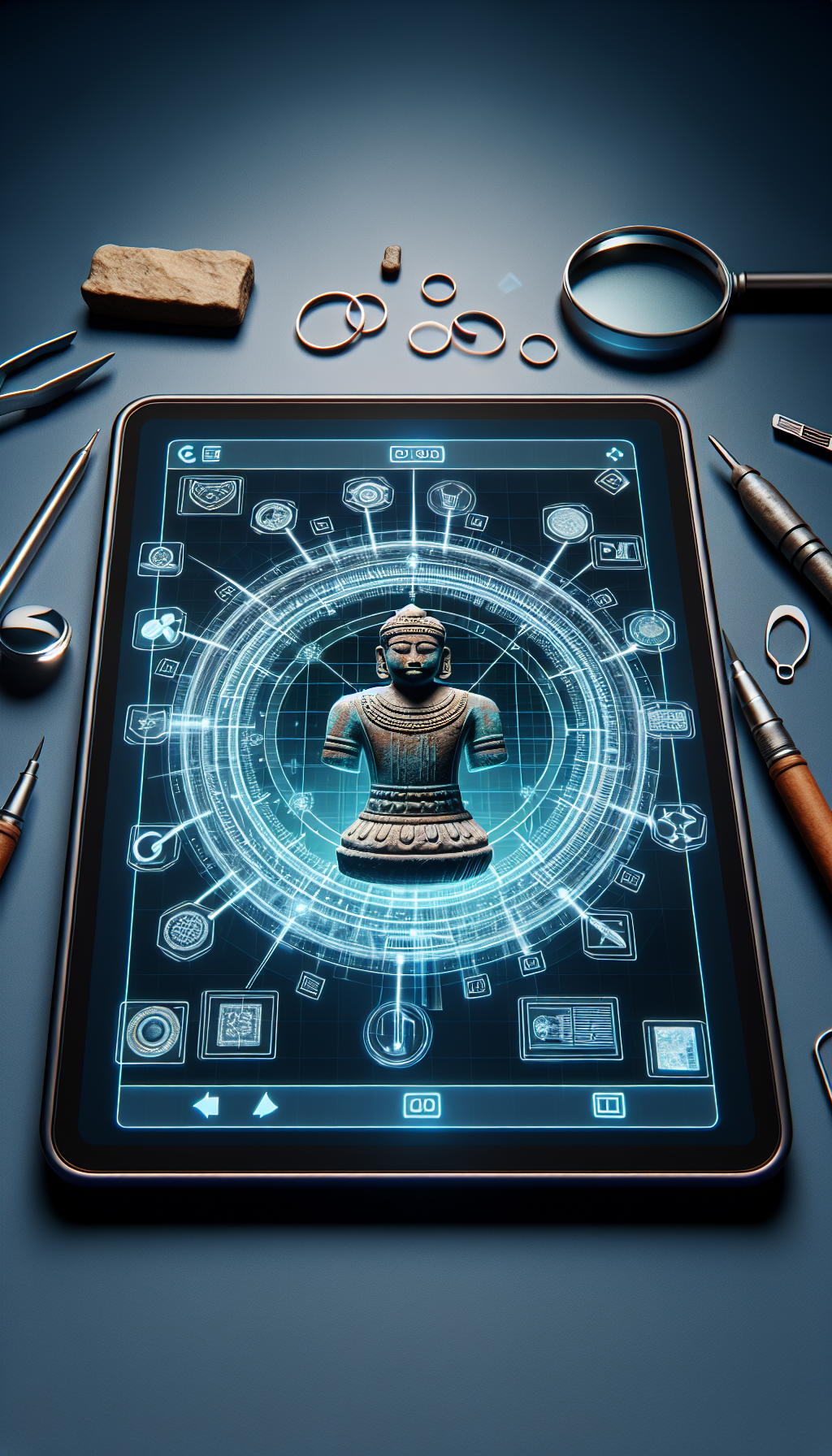 An evocative illustration depicts a digital tablet showcasing a 3D hologram of an ancient Indian artifact, with virtual tools and magnifying icons surrounding it, mimicking an archaeologist's workspace. The artifact's details are cross-referenced with an online database, revealing text bubbles with identification insights and valuation figures, fusing traditional archaeology with modern day technology's magic touch.